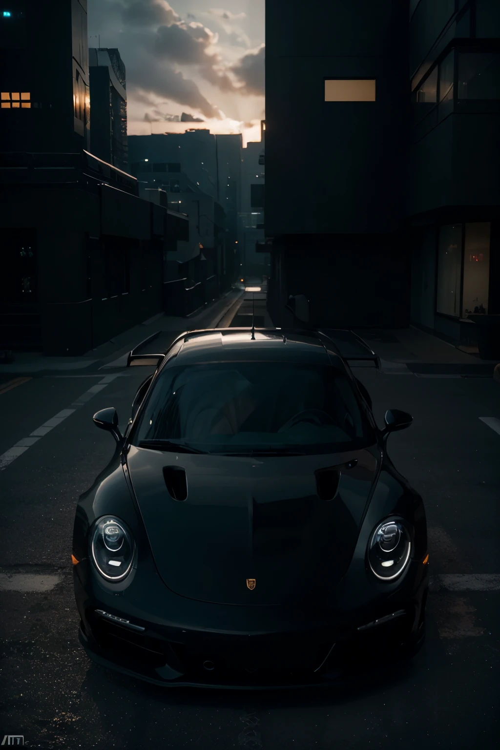 (a luxurious,high-end,detailed,ultra-modern:P1.2,photorealistic:P1.37) Porsche 911 with (sporty,sleek,aerodynamic:P1.1) body kit. The car is (black, jet-black, glossy:black). The (forged,custom-made,high-performance) wheels are (sleek,shiny,reflective,black). The overall aesthetic is influenced by (cyberpunk,dystopian,futuristic) style, with hints of (neon lights,holographic patterns,glowing accents). The scene is set during (twilight,sunset,dusk), creating a dramatic atmosphere. The image quality is (best quality,4K,8K,highres,masterpiece:1.2), ensuring (crisp,clean,high-definition) details. The car is showcased with (studio lighting,dynamic shadows) that highlight its (sleek curves,distinct features) and create (depth,contrast). The overall color tone is (dark,moody,contrasting), with (vibrant,popping) colors selectively accentuating certain areas.