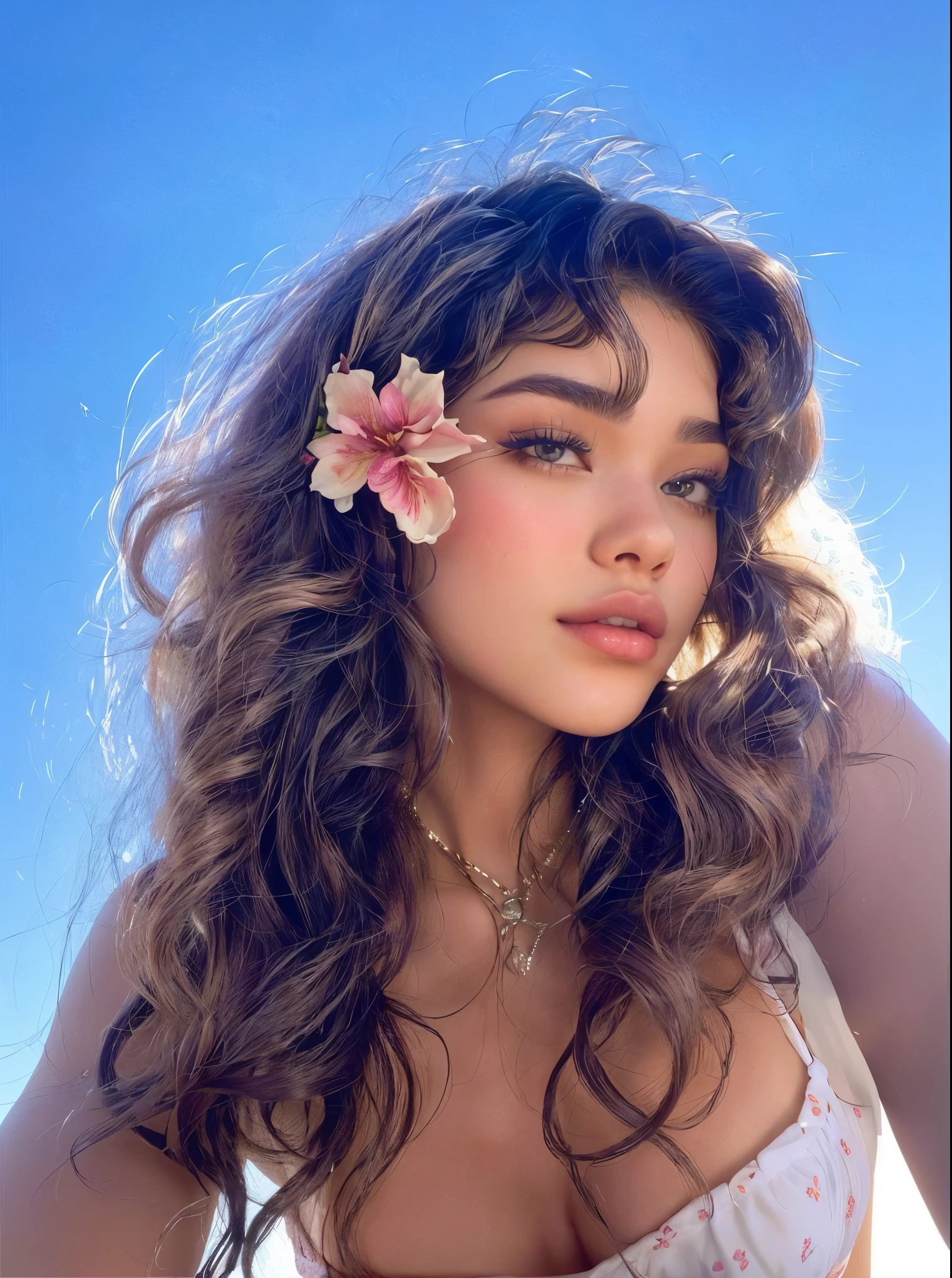 arafed woman with a flower in her hair posing for a picture, pokimane, madison beer, madison beer girl portrait, soft devil queen madison beer, isabela moner, zendaya, portrait of zendaya, portrait sophie mudd, with long curly hair, cynthwave, wavy hair spread out, with flowers, :: madison beer, curly bangs