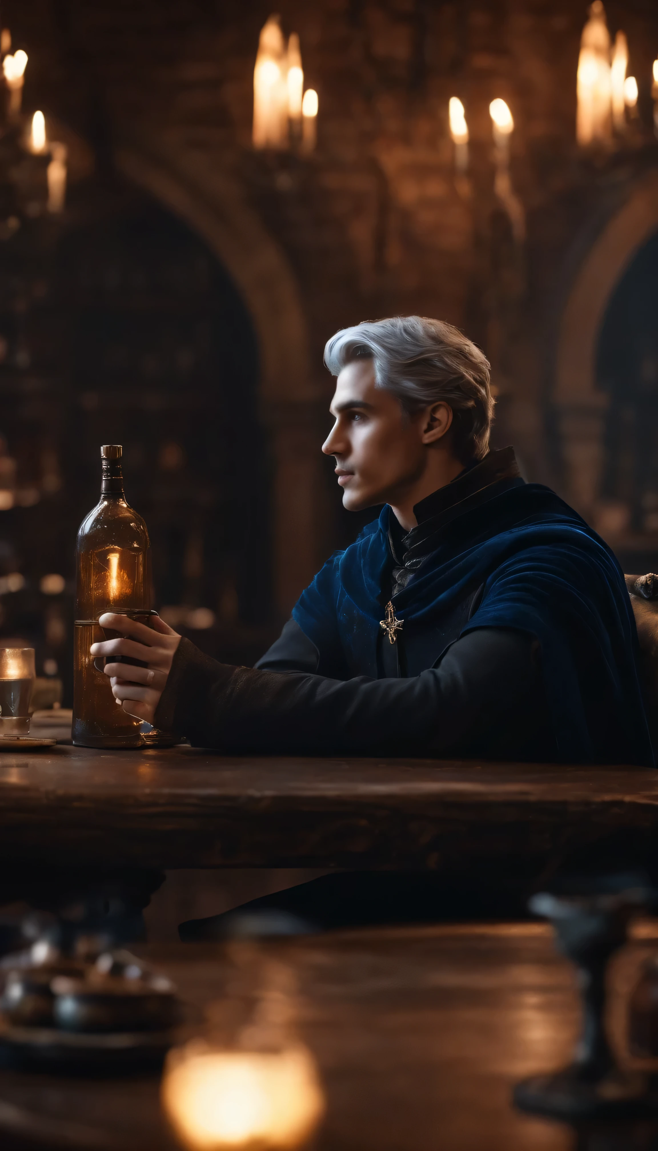 8k, a young male wizard with black clothes with grey short hair with blue aura from his hand, sit in medieval bar drinking with knights and peoples in a medieval bar background