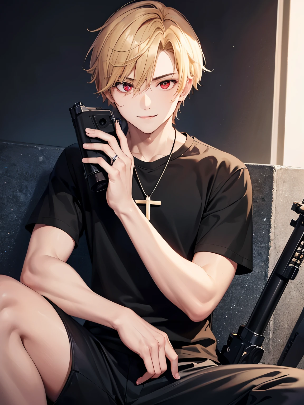 1boy,handsome,18 years old,holding sniper,sitting, smile, Holding a gun,aim to viewer,aim to viewer,,Perfect face, HD face, ultra detailed face, short hair, blonde hair, messy hair, bright red eyes red eyes,vampire, black t-shirt,black t-shirt,plain t-shirt,short sleeve t-shirt, black trousers, cross necklace,ultra detailed, ultra HD