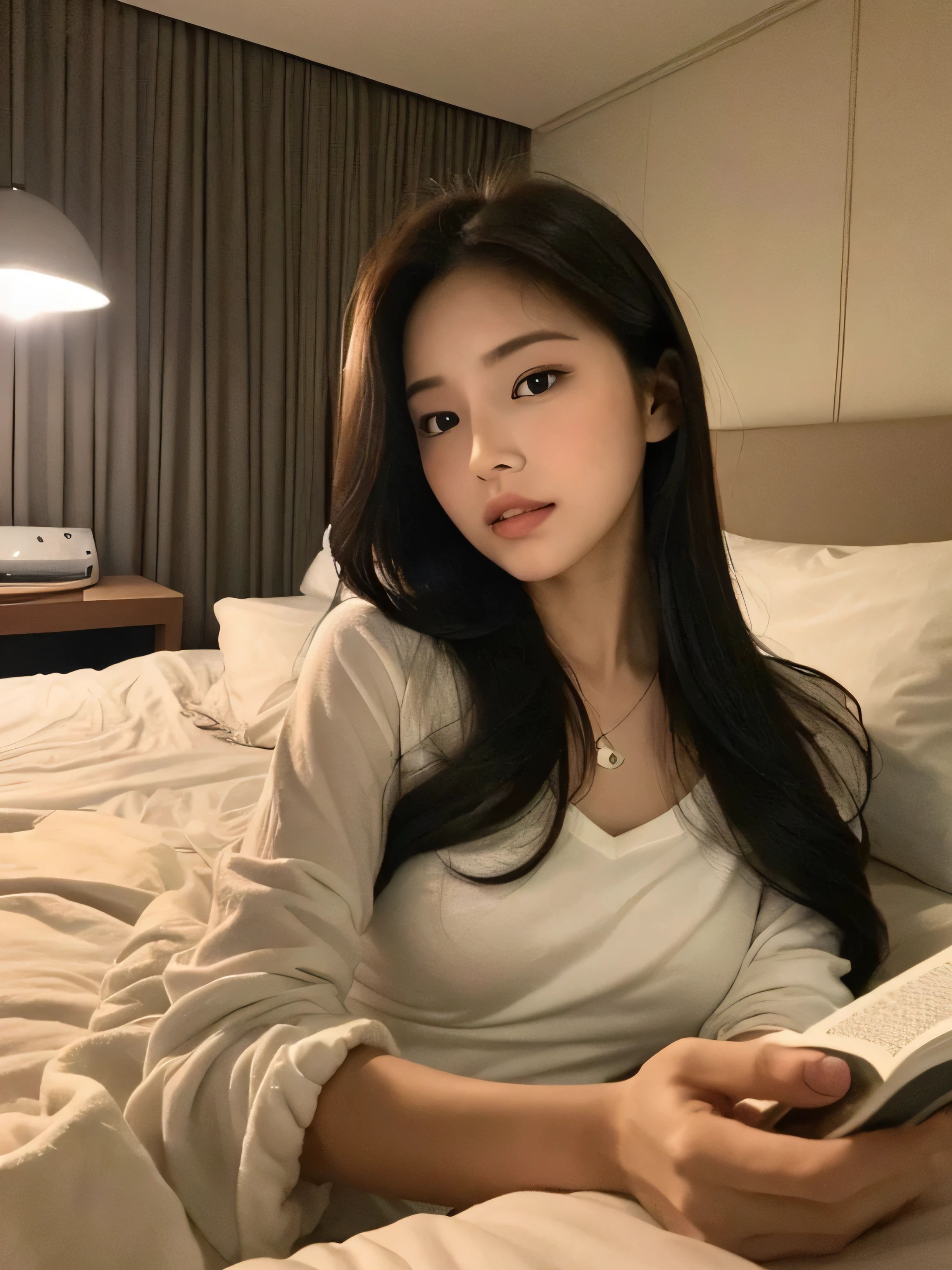 ((Best quality, 8k, Masterpiece :1.3)), ((perfect lightning)), 1 adorable girl, youthful, (long hairstyle), Ultra-detailed face, Detailed eyes, Double eyelid, doe-eyed, bedroom, bed, picture in the bedroom, (((picture taken while being in the bed, nighttime))), (((inside the bed, in the sheets))) (((subject is inside the bed taking a selfie))), woman laying in bed using cell phone while reading a book, mobile still frame. 4k uhd, checking her phone, goddess checking her phone, still from a music video, checking her cell phone, she is holding a smartphone, smartphone footage, someone sits in bed, hold up smartphone, (((lying in bed))), captura, text and a pale young woman, woman is inside the bed sheet