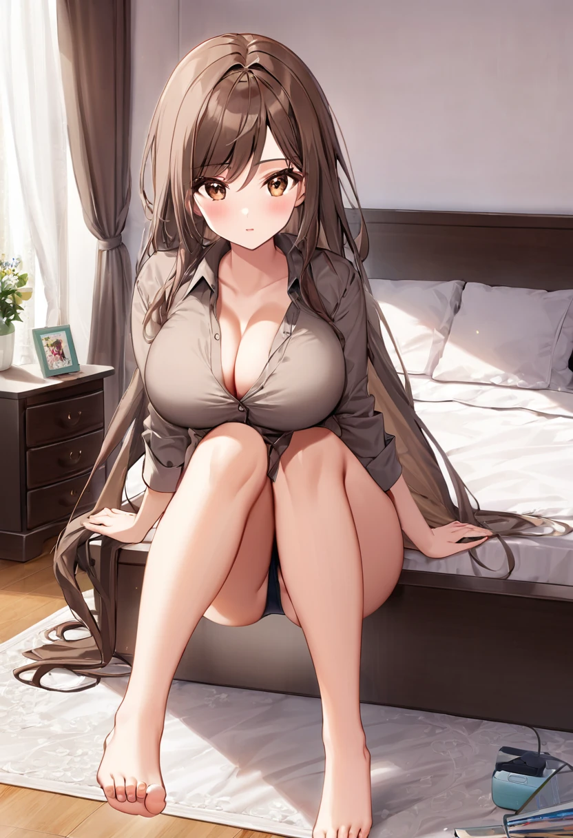 Italian girl, 25 years old, very long loose brown hair, busty, wearing a small unbuttoned shirt, wearing a black pleated miniskirt, hair covering her breasts, bare feet, bedroom