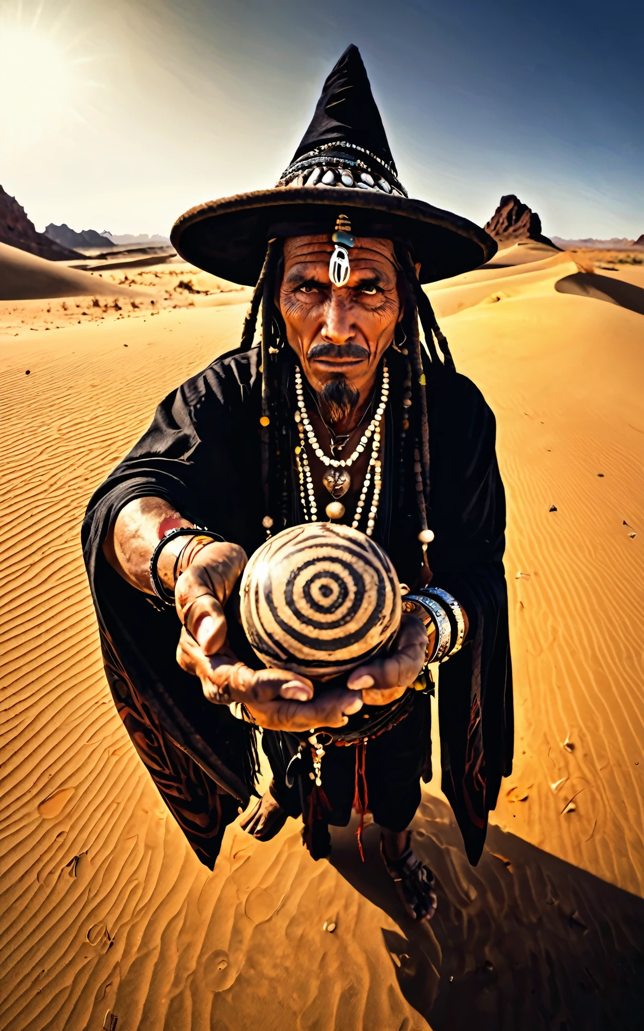 A sorcerer leaning towards the viewer,Fisheye photography,Tribal,desert,Voodoo rituals,Ultra HD details