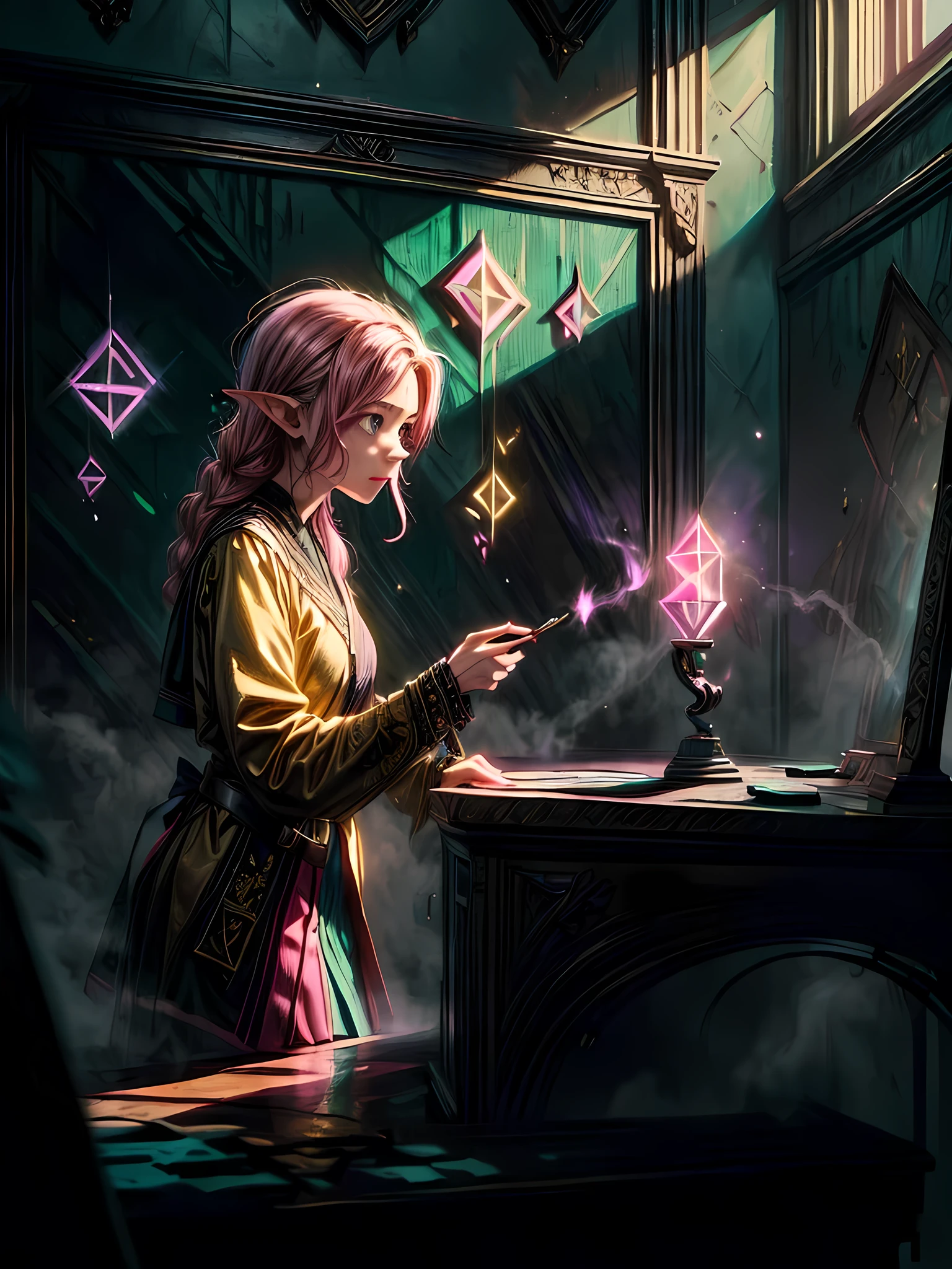 high details, best quality, 16k, [ultra detailed], masterpiece, best quality, (extremely detailed), ultra wide shot, photorealistic, a picture of an elf magical teacher (best details, Masterpiece, best quality: 1.5), teaching magical arts, manipulating magical pink magic runes in the air GlowingRunes_pink (best details, Masterpiece, best quality: 1.5) at fantasy classroom, a female elf, exquisite beauty (best details, Masterpiece, best quality: 1.5), ultra feminine (best details, Masterpiece, best quality: 1.5), full body (best details, Masterpiece, best quality: 1.5) golden hair, hair in a long braid, small pointed ears, dynamic eyes color, wearing a teachers robe, standing in the classroom (best details, Masterpiece, best quality: 1.5), fantasy class background, best realistic, best details, best quality, 16k, [ultra detailed], masterpiece, best quality, (extremely detailed), ultra wide shot, photorealism, room is lit with bright light, depth of field, half-elf ears