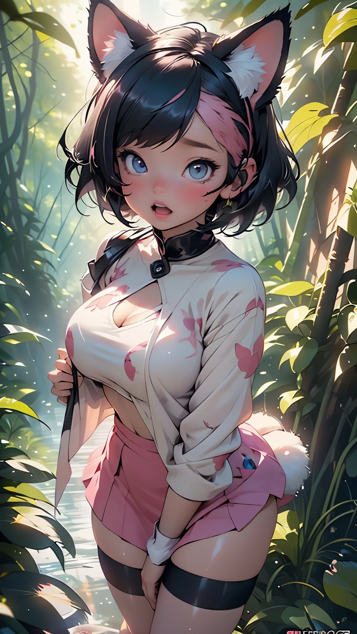 cat girl,((1girl)),((cat girl with extremely cute and beautiful black hair)),

(large breasts:1.4),bountiful breasts,fluffy breasts,H cup bust,bust up,bulging bust top,(((black bob hair:1.35,colored inner hair,short hair,ear breathing))),((((cat ears,cat ears on head,big cat ears)))),((heterochromia:1.5, (purple_eye and blue_eye))),big eyes:1.3,((fat)),(((lustrous skin:1.5,bright skin: 1.5,skin tanned,shiny skin,very shiny skin,shiny body,plastic glitter skin,exaggerated shiny skin,illuminated skin,wet legs))),(spider lower abdomen,narrow waist,wide hip,athletic body,inflated legs, thick thighs,detailed body,(detailed face)),

cute,slutty,seductive,erotic,((nsfw)),

zettai ryouiki,(fur headdress),fur clothes,(fur ruffled mini skirt),sleeveless,(fur mini skirt),cleavage cutout,bare legs,clothes with a lot of fur ornaments,((wet clothes,intricate outfit,intricate clothes)),

(dynamic pose:1.0),solo focus,embarrassed,blush,sweat,((tears,open mouth)),moist eyes,(centered,scale to fit dimensions,Rule of thirds),

((cute forest)), ((pink cherry forest:1.5,pink forest:1.5)),scenery:1.25,((intricate scenery)),((cute forest background)),puddles, scenery:1.25,((sunset, golden hour)),

(Glossy fantasy ornaments),highres,sharp focus,(ultra detailed,extremely detailed),(photorealistic artwork:1.37),(extremely detailed CG unity 8k wallpaper),(((vibrant colors,vibrant theme))),(intricate),(masterpiece),(best quality),artistic photography,(photography taken by sldr),(intricate background),perfect rendered face,perfect face details,realistic face,photo realistic,((intricate detail)),(((realism))),
