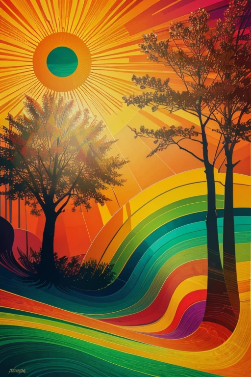 More about Vivid Nature's Geometric Harmony
Stylized, colorful artwork depicting an abstract landscape with a tree, sun, and layered geometric shapes.