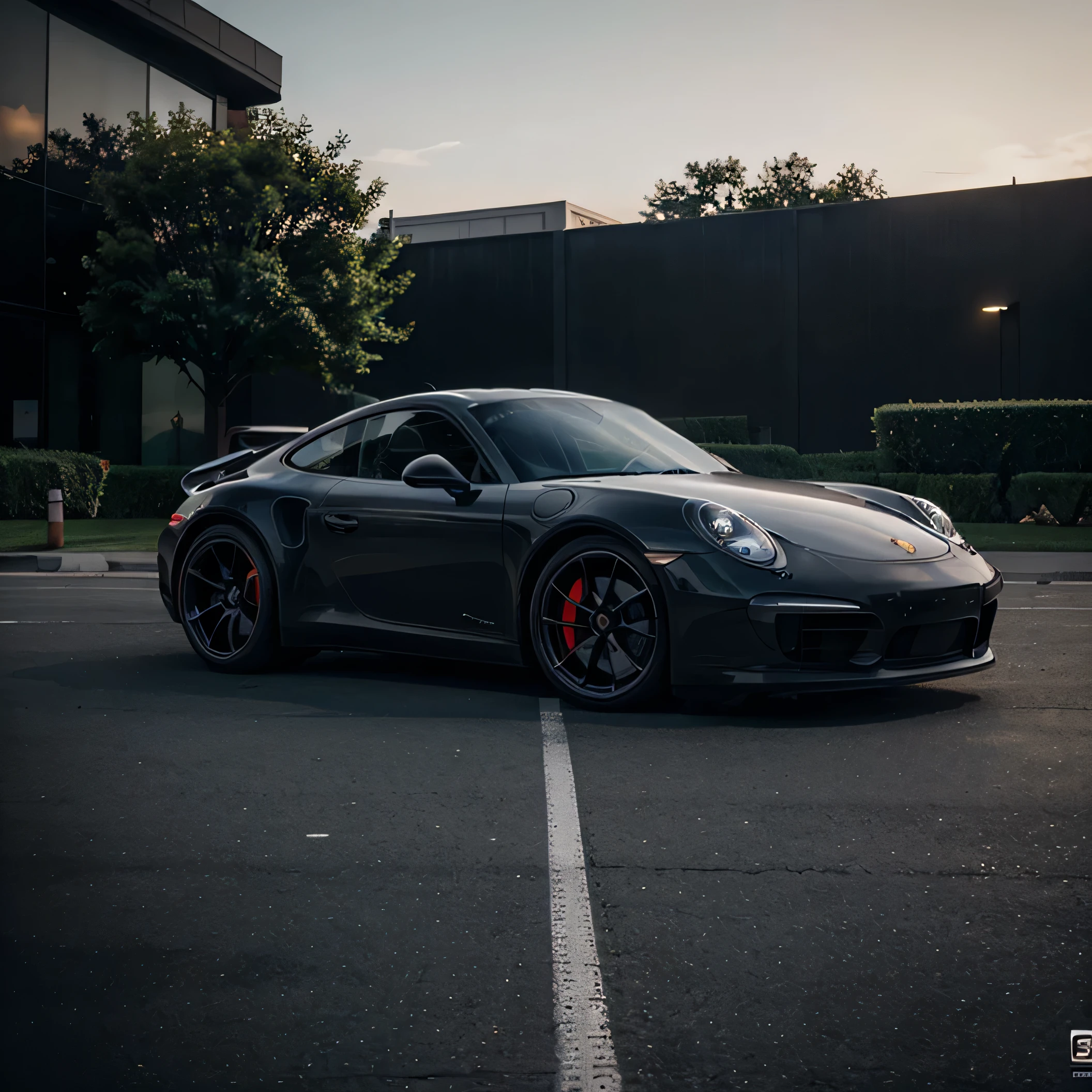 (a luxurious Porsche 911), sports body kit, black, forged wheels, cyberpunk style, twilight, (best quality:1.2), 4K, realistic, full view of the car in the frame, side view