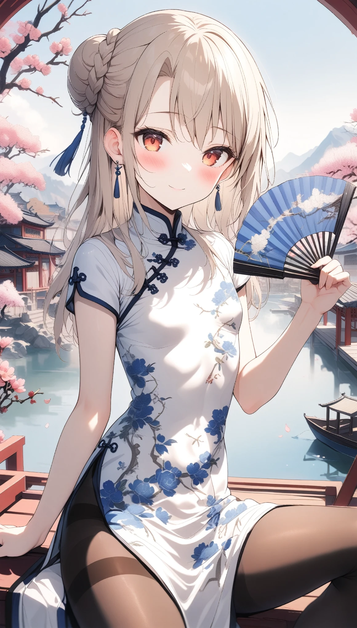 1girl,(illyasviel von einzbern),red_eyes,cream hair,(french braid),smile,blush,flower,beautiful detailed_background,small breasts,butterfly,((blue and white porcelain gorgeous qipao,china dress,chinese clothes,dress),gold trim,floral print,folding fan,spank skirt,jewelry,earrings,explicit,flower,general, hair_ornament,peach blossom,long_hair,looking_at_viewer,pantyhose,paper fan,print dress,solo,thighband pantyhose,questionable,sensitive,solo,tassel,tassel_earrings,(spring),Chinese style architecture, Chinese style, lake, ancient town, beautiful and meticulous water, (Fishing boat), pavilion,steam,Surrounding by falling peach blossoms petals,