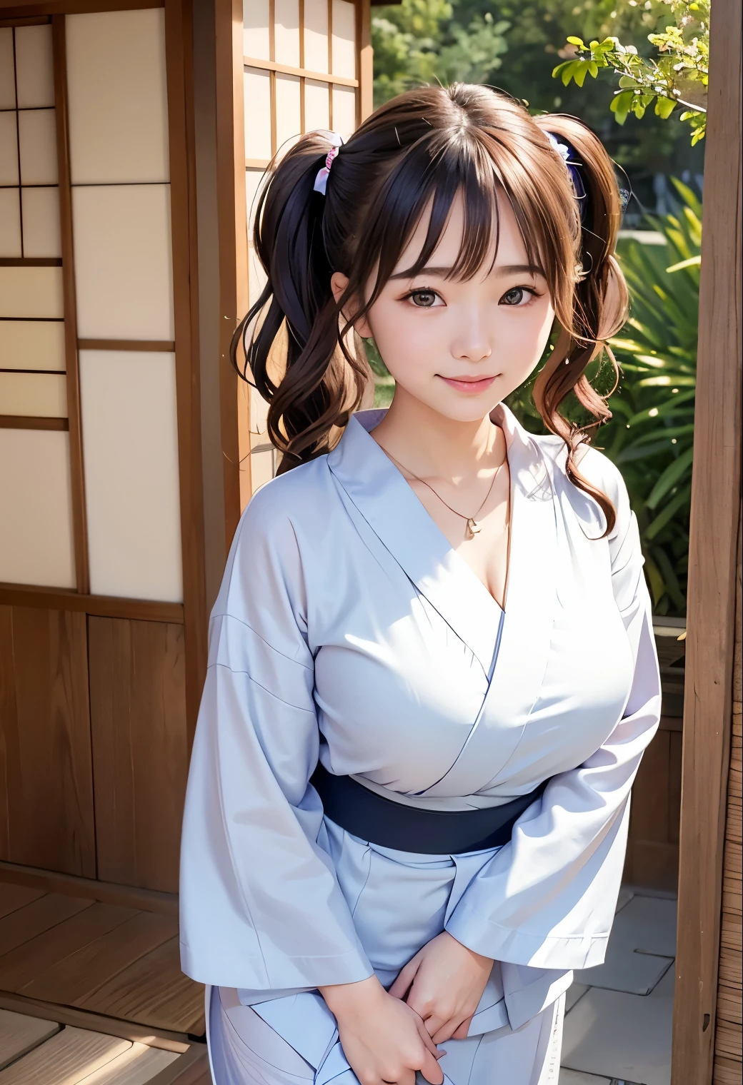 (highest quality,masterpiece:1.3,Ultra-high resolution),(Very detailed、Caustics) (Realistic:1.4, RAW shooting、)Ultra-Realistic Capture、Very detailed、Natural skin texture、masterpiece、(One Japanese girl wearing a yukata:1.3)、Adorable expression、Expressions of Happiness、、Young Face、Amazingly cute、Twin tails、Curly Hair、Black Hair、Scrunchie、light makeup、necklace、Busty and bursting、Shining Breasts、Shining thighs、Summer evening、Photographed in the garden of an old Japanese house、smile、An inviting gaze、Cowboy Shot、Anatomically correct、Attention to detail、Standing posture、