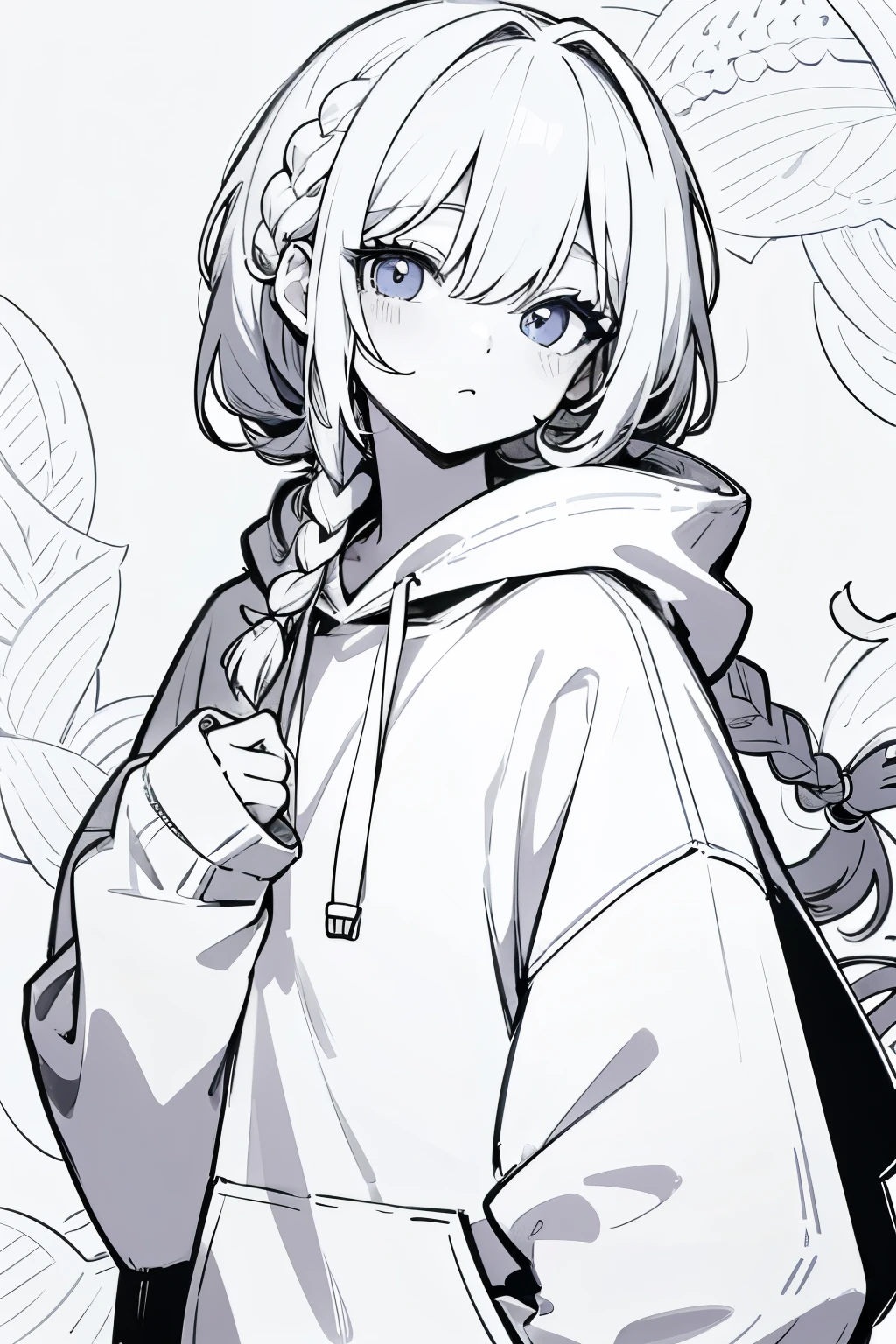 Line art,, masterpiece, highest quality, Super Detail、Oversized hoodie,Braid