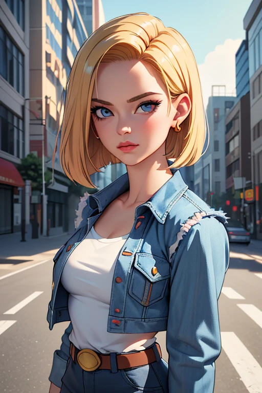 (best quality, masterpiece:1.2), 1girl, beautiful face, beautiful body, android18, earrings, denim, belt, vibrant colors, realistic lighting, detailed shading, professional portrait, dynamic pose, urban background