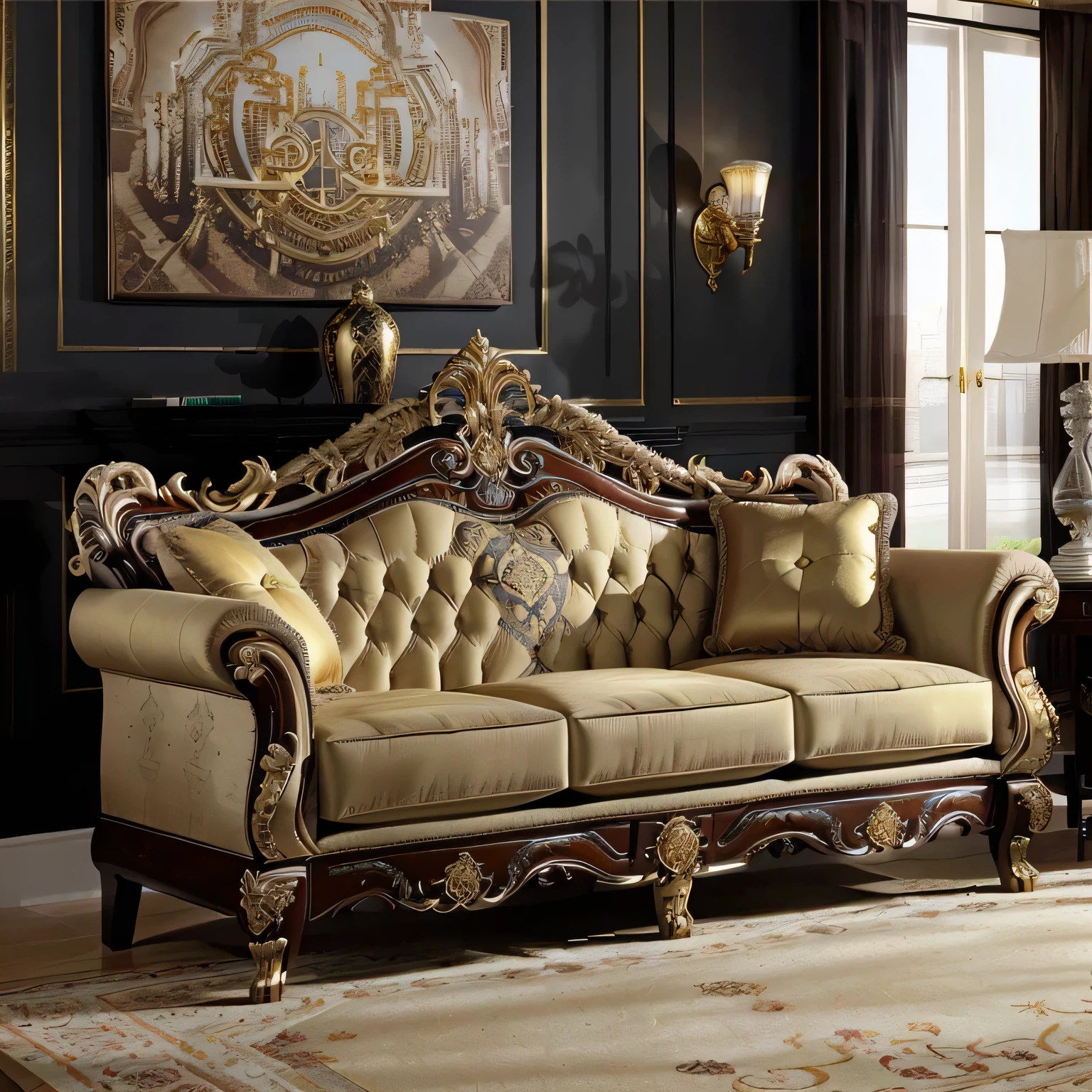 arafed leather sofa with pillows and pillows on top of it, leather sofa, features intricate detail, elegant furniture, leather couch, leather couches, ornate and elegant, leather padding, elegant and ornate, sitting on vintage leather sofa, ornate furniture, luxury furniture, very elegant features, elaborate detail, elegant and extremely ornamental, very ornate, ornately detailed