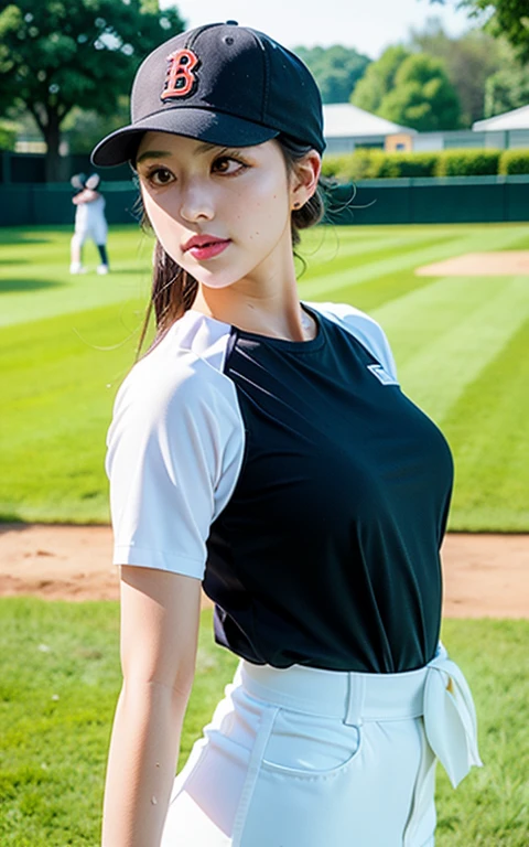 (Details of a very beautiful face), (Best Quality:1.4), 8K resolution, High resolution, 1womanl, Beautiful woman, best beauty, Super beautiful detailed face, Smooth skin, detailed beautiful eyes, Official portrait, Fine skin texture, Gloss on lips, Parted lips, Japanese, Baseball uniform, Baseball Cap, small breasts, thin waist, big butts, thick legs, pitcher, throw, playing baseball, Dynamic, motion blur, baseball field, Sweating, Sweat splashing,