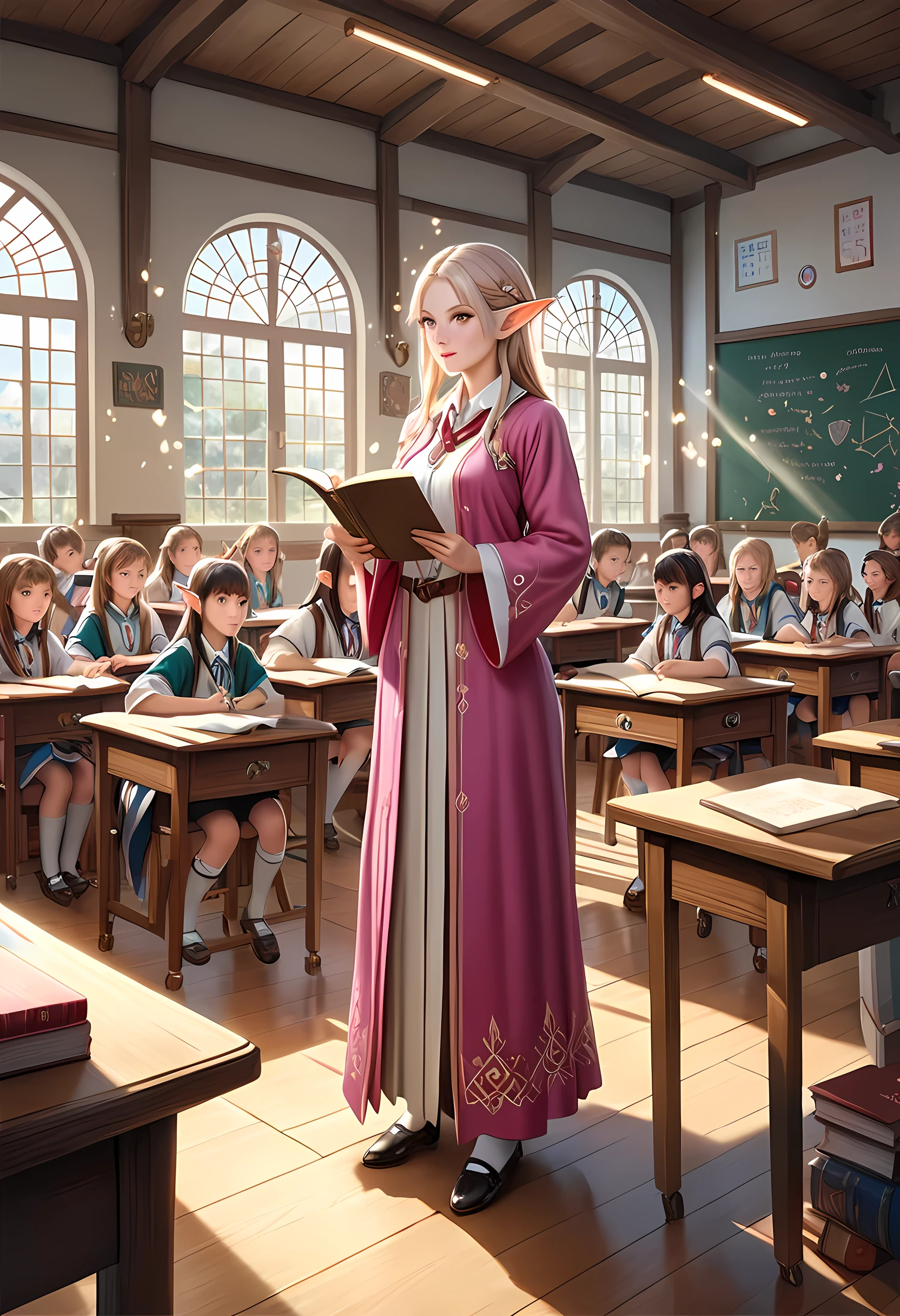 high details, best quality, 16k, [ultra detailed], masterpiece, best quality, (extremely detailed), ultra wide shot, photorealistic, a picture of an elf magical teacher (best details, Masterpiece, best quality: 1.5), teaching magical arts, manipulating magical pink magic runes in the air GlowingRunes_pink (best details, Masterpiece, best quality: 1.5) at fantasy classroom, a female elf, exquisite beauty (best details, Masterpiece, best quality: 1.5), ultra feminine (best details, Masterpiece, best quality: 1.5), full body (best details, Masterpiece, best quality: 1.5) golden hair, hair in a long braid, small pointed ears, dynamic eyes color, wearing a teachers robe, standing in the classroom (best details, Masterpiece, best quality: 1.5), fantasy class background, best realistic, best details, best quality, 16k, [ultra detailed], masterpiece, best quality, (extremely detailed), ultra wide shot, photorealism, room is lit with bright light, depth of field, half-elf ears