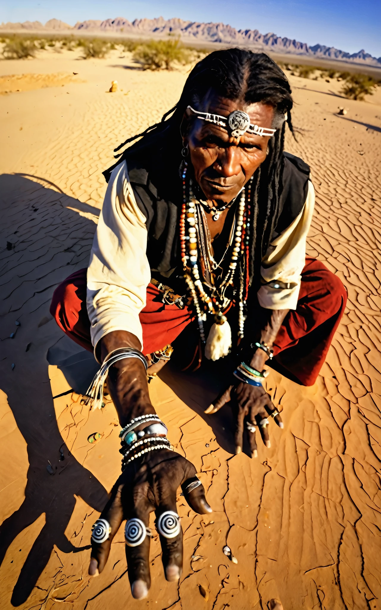 A sorcerer leaning towards the viewer,Wide-angle lens photography,Tribal,desert,Voodoo rituals,Ultra HD details