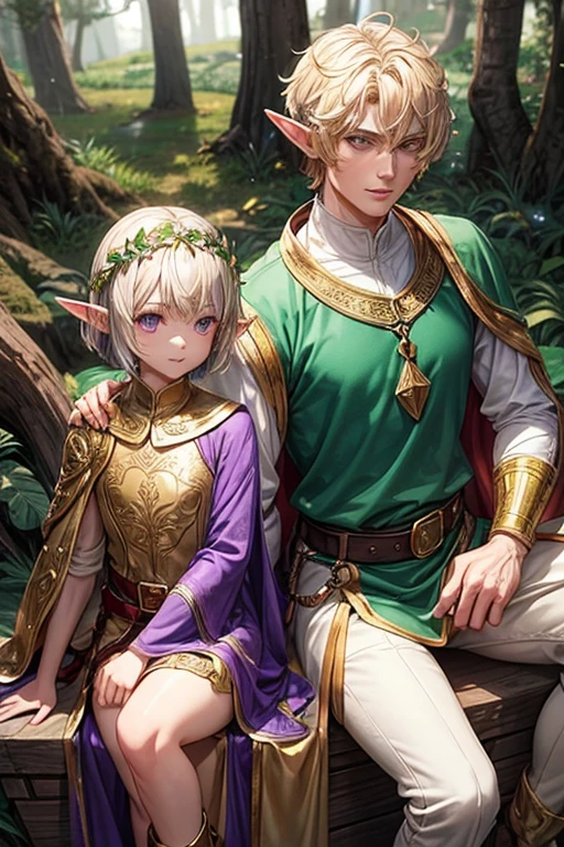 Handsome elf man with golden crown with purple quartz in his 40s with short blonde hair, short messy hairstyle with fringes, pointed elf ears, purple medieval knight clothing, golden eyes holding a golden lightsaber wearing silver armor with golden trim , with a golden brown crown. green quartz boots, brown leather. belt, jade ornaments on the forest background with magic symbols