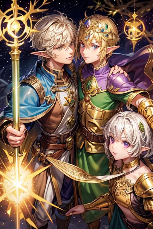 Handsome elf man with golden crown with purple quartz in his 40s with short blonde hair, short messy hairstyle with fringes, pointed elf ears, purple medieval knight clothing, golden eyes holding a golden lightsaber wearing silver armor with golden trim , with a golden brown crown. green quartz boots, brown leather. belt, jade ornaments on the forest background with magic symbols