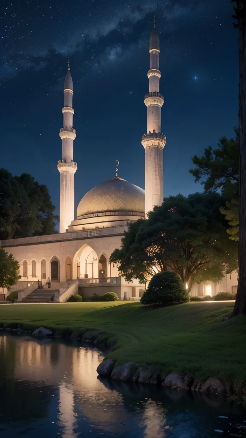 mosque, beautiful, exterior, trees, stars in sky, very large and bright stars