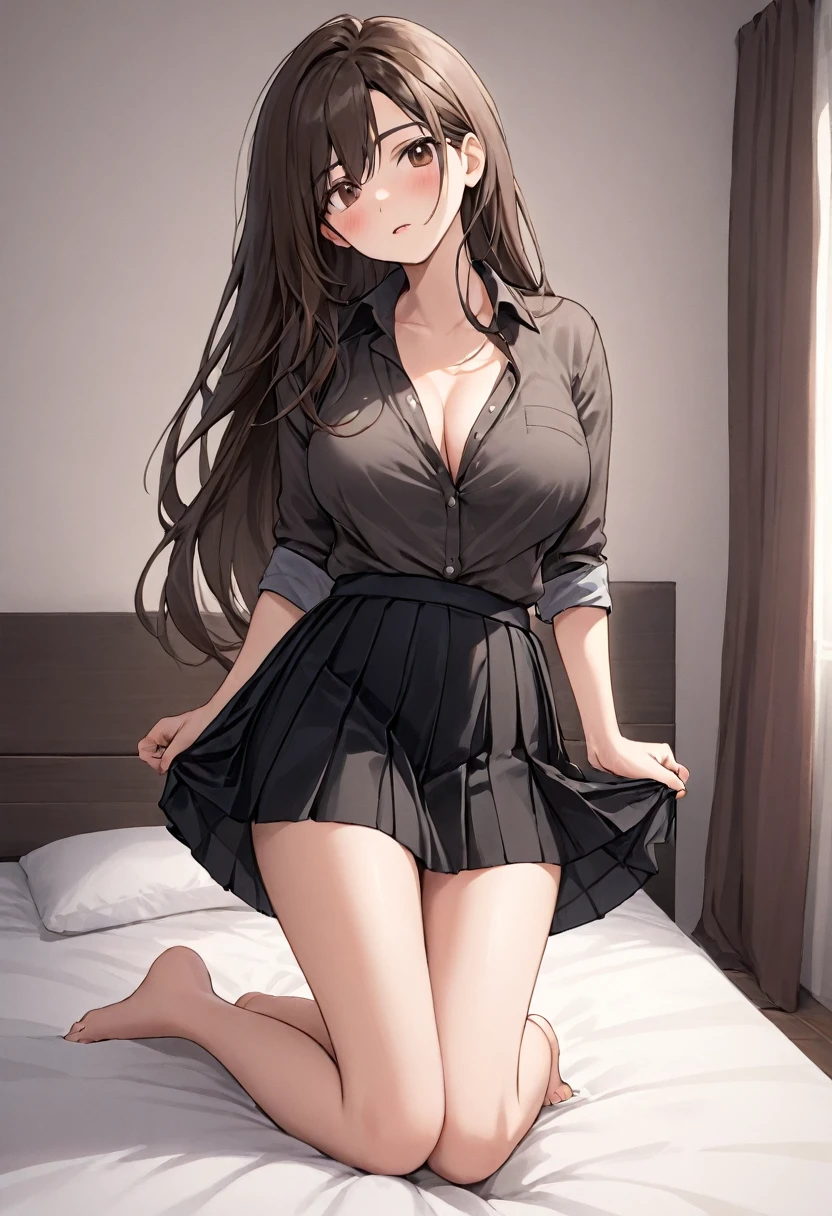 Italian girl, 25 years old, very long loose brown hair, busty, wearing a small unbuttoned shirt, wearing a black pleated miniskirt, hair covering her breasts, bare feet, bedroom