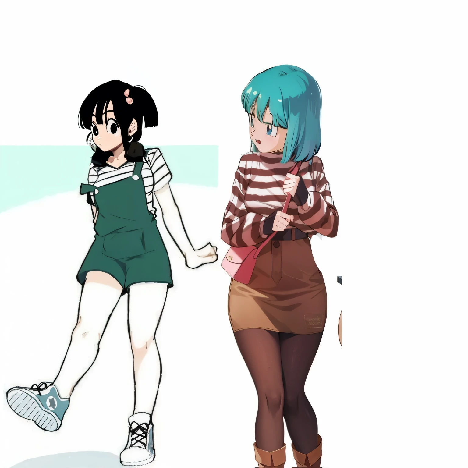 Anime Screenshot, chubby, 2 girls, milf, shy, pudgy face, large round eyes, dark green hair, ponytail, sweater, peace signs, sticking tongue out of mouth, sweating, nervous smile, slightly open mouth, huffing breath, wearing jeans, shirt off, embarrased