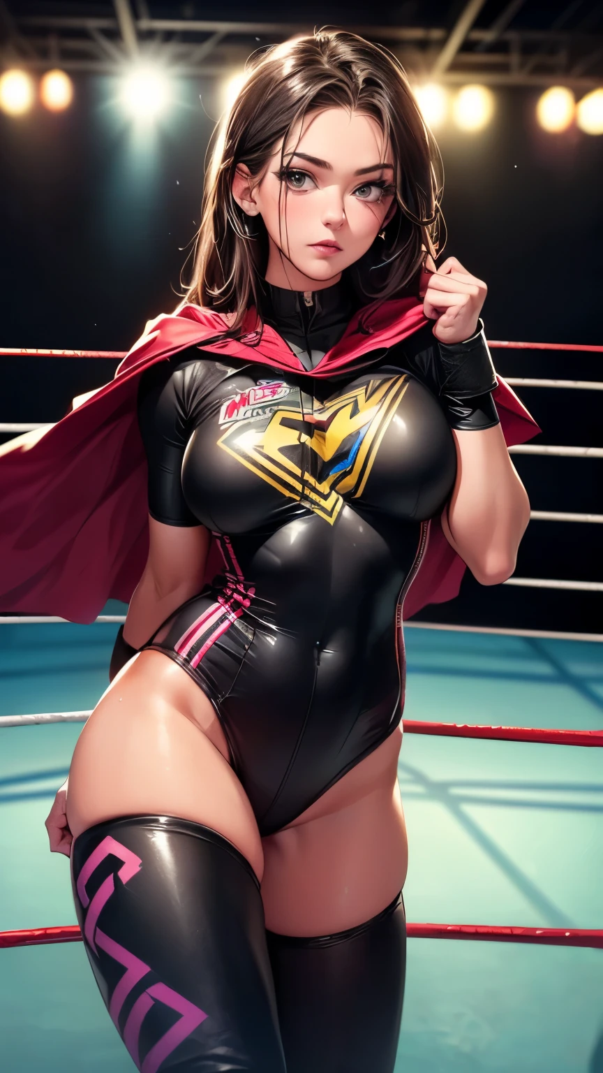 (8K, RAW photo, 最high quality, masterpiece:1.2), High-definition RAW color photo, Professional photo shoot, cinematic light, (((young woman, gal))), (Sharp features), (Big eyes), (small face), (high detail skin:1.2), cute face, beautiful appearance, long eyelashes, (Masked wrestler), (toned body:1.5), (sagging massive breasts), very detailed face and detailed skin, detailed eyes, natural makeup, (Colorful bodysuit:1.2, boots, cape, mini skirt, female professional wrestler:1.5), (((fighting pose:1.9, nervous look))), staring eyes, beautiful skin, shiny skin, (large crowd:1.2, Pro wrestling), perfect fingers, five fingers, anatomically correct, background bokeh, high quality, surreal, bright colors, ((very detailed, photo shoot)),