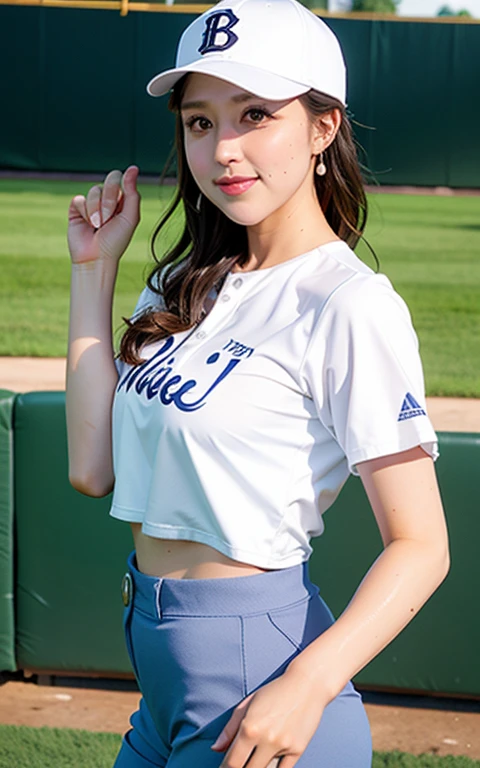 (Details of a very beautiful face), (Best Quality:1.4), 8K resolution, High resolution, 1womanl, Beautiful woman, best beauty, Super beautiful detailed face, Smooth skin, detailed beautiful eyes, perfect teeth, perfect face, Official portrait, Fine skin texture, Gloss on lips, Parted lips, Japanese, Baseball uniform, Baseball Cap, small breasts, thin waist, short pants, big butts, thick legs, pitcher, throw, playing baseball, dynamic, motion blur, baseball field, Sweating, Sweat splashing