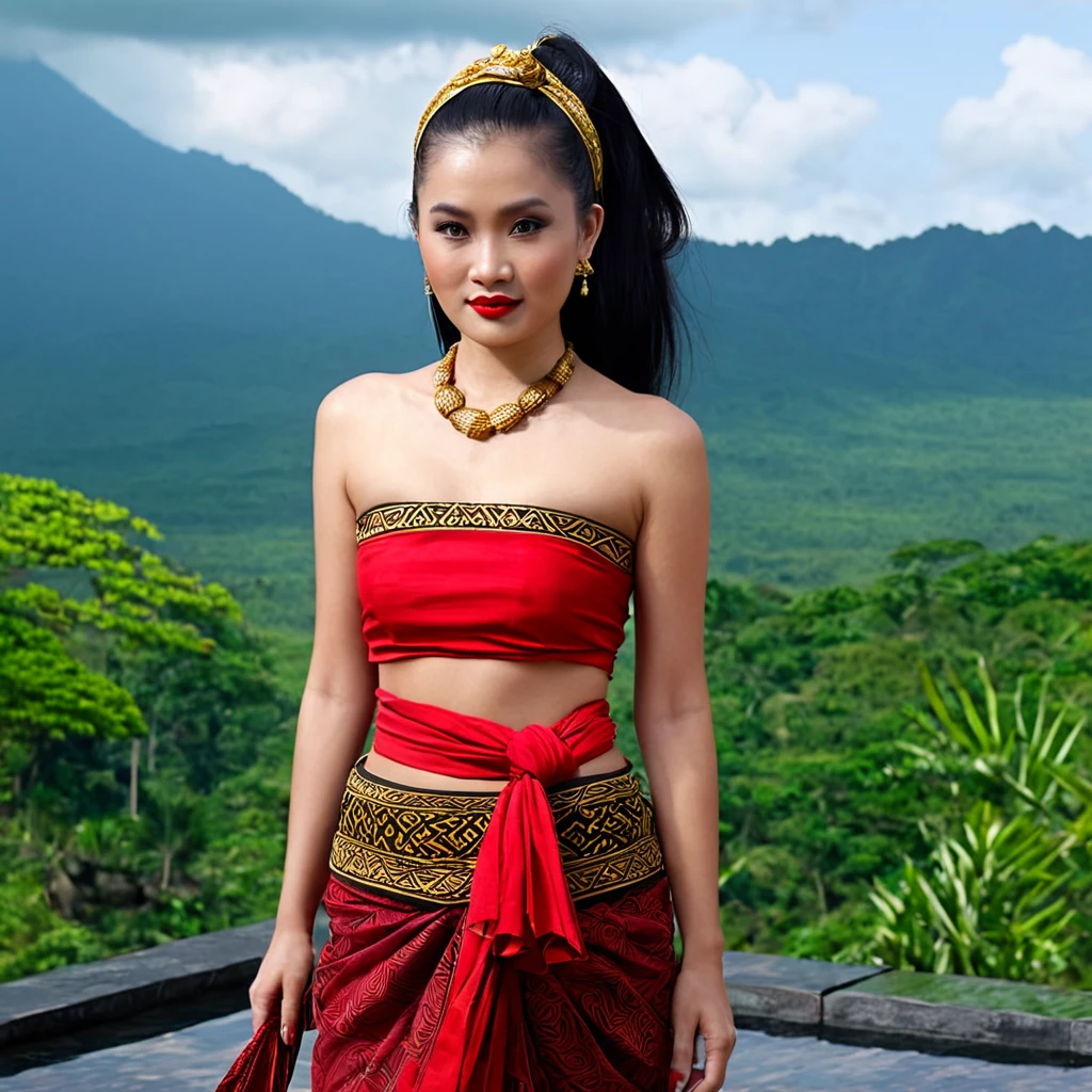 A beautiful Javanese woman, slightly fat, graceful, with long straight black hair down to her waist tied in a bun with a long hair band made of red cloth. Small bun on top of head with gold pin, wearing traditional Javanese clothing with red bustier top decorated with jewelry, red cloth obi decorated with gold, red trousers, maroon batik sarong with unique motifs, knee length and black mountain sandals. With a serious expression, looking at the view, with straight hair flowing down her back, tied with a red cloth, with a very realistic and detailed temple background. The entire body is visible to the camera. Ultra-HD, 65k resolution.