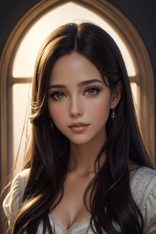 best quality,ultra-detailed,portraits,Elizabeth Berkley:1.1,young woman:1.1,30s,beautiful detailed eyes,beautiful detailed lips,long black hair,medium:oil painting,soft brush strokes,detailed background,studio lighting,sophisticated pose,vivid colors,romantic atmosphere,subtle color palette,graceful expression,delicate facial features,sublime beauty,serene mood,dream-like ambiance,gentle lighting,subtle shadows,classic composition,impeccable style,realistic:1.37,professional,photorealistic,bokeh