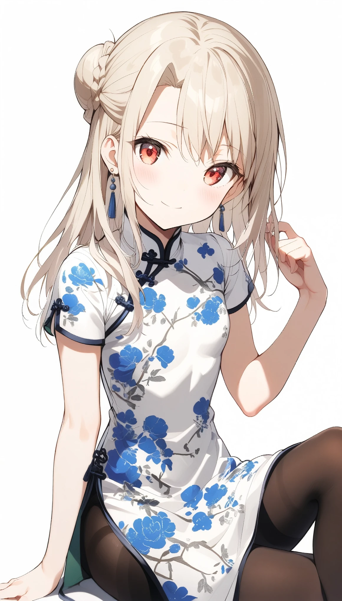 qipao,1girl,(illyasviel von einzbern),red_eyes,cream hair,(french braid),smile,blue flower,breasts,china dress,chinese clothes,dress,earrings,floral print,hand up,sitting,long hair,looking at viewer,pantyhose,print dress,simple background,smile,solo,white background
