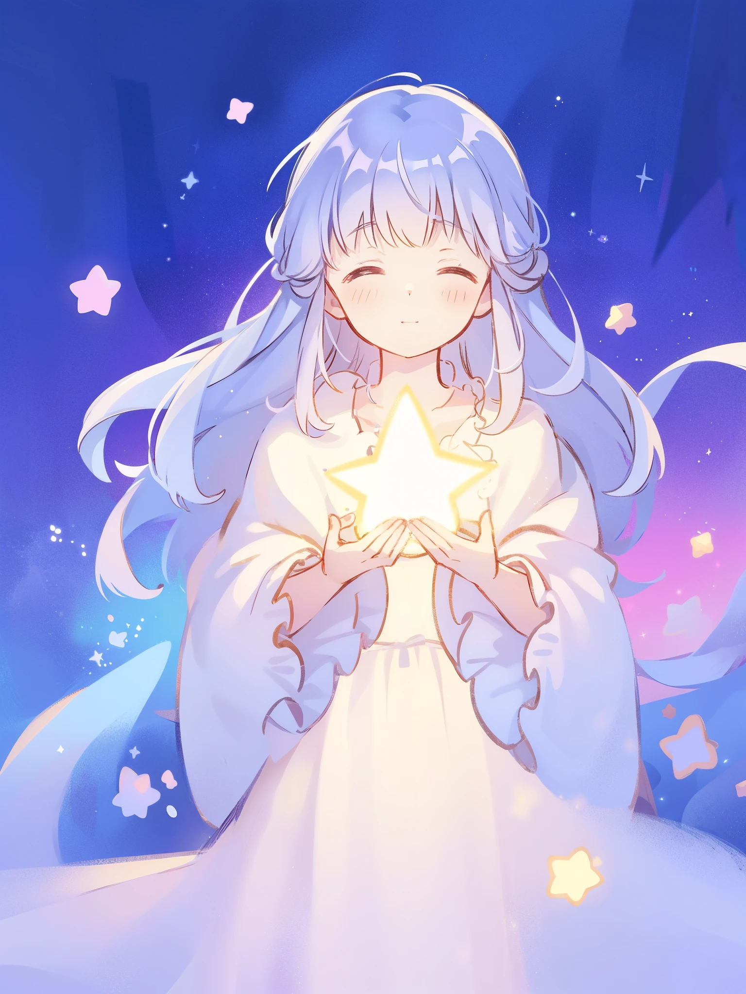 wishing star background, woman surrounded by flowing translucent fabric that reflects the stars, woman holding a glowing star in her hands, magical, complex drawing, highly detailed, ethereal, starry night, midjourney style