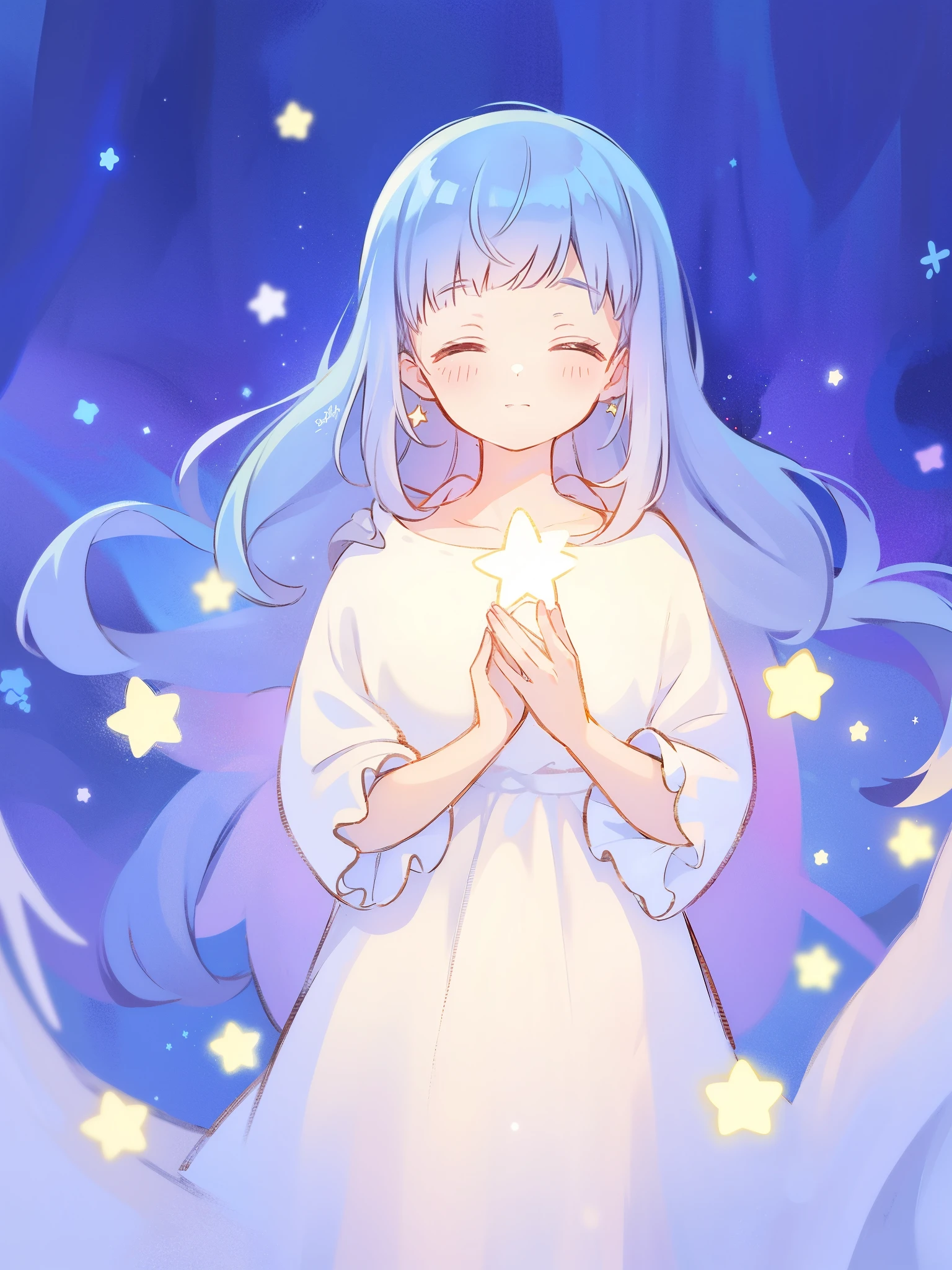 wishing star background, woman surrounded by flowing translucent fabric that reflects the stars, woman holding a glowing star in her hands, magical, complex drawing, highly detailed, ethereal, starry night, midjourney style