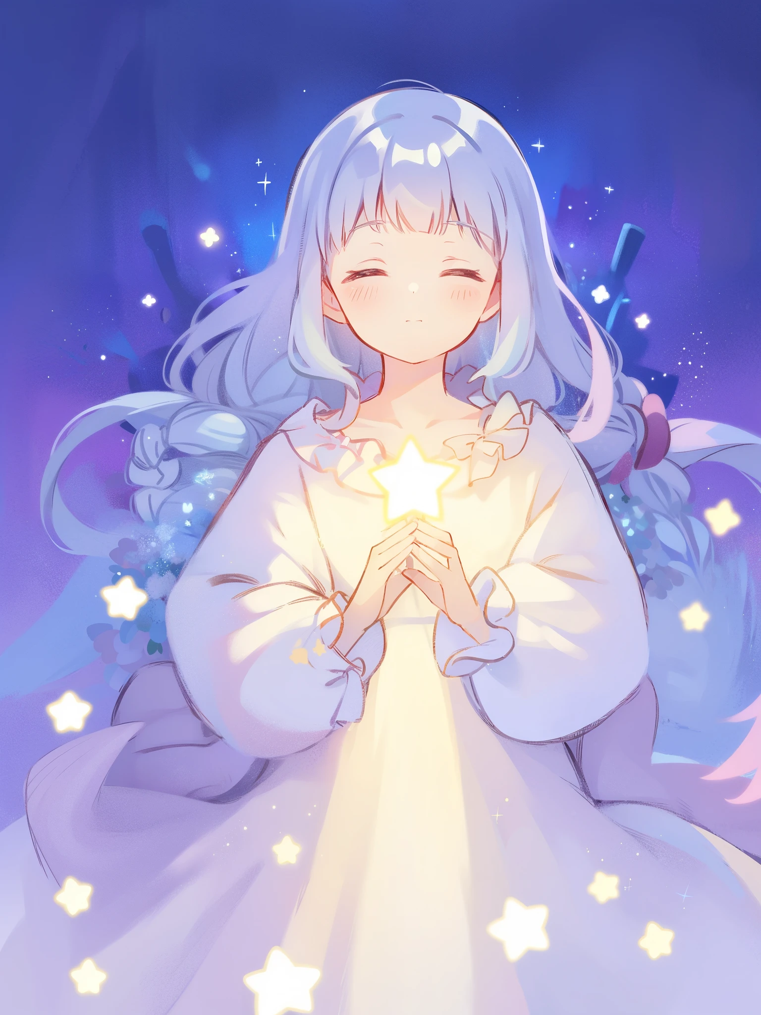 wishing star background, woman surrounded by flowing translucent fabric that reflects the stars, woman holding a glowing star in her hands, magical, complex drawing, highly detailed, ethereal, starry night, midjourney style