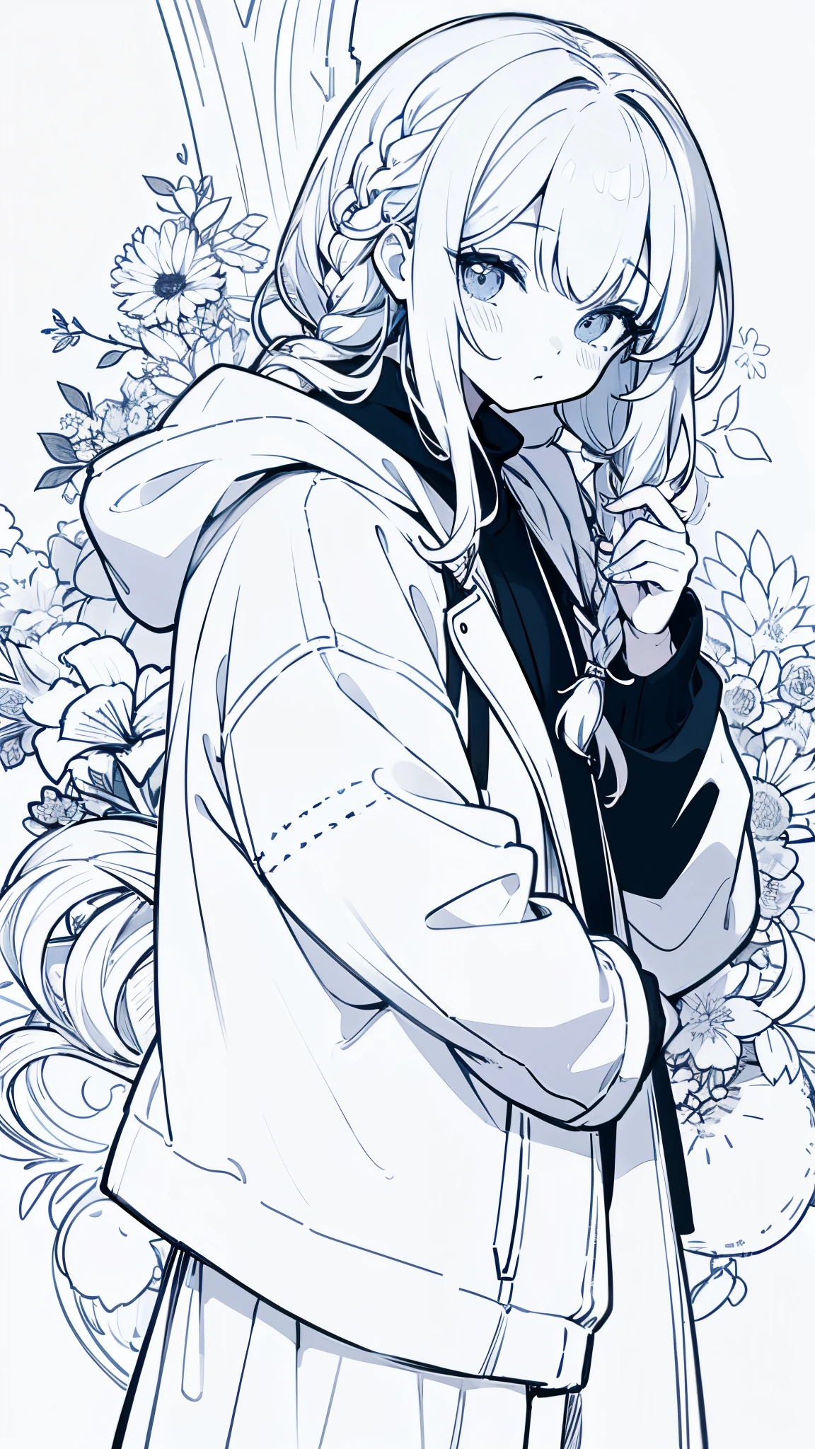 Line art,, masterpiece, highest quality, Super Detail、Oversized hoodie,Braid