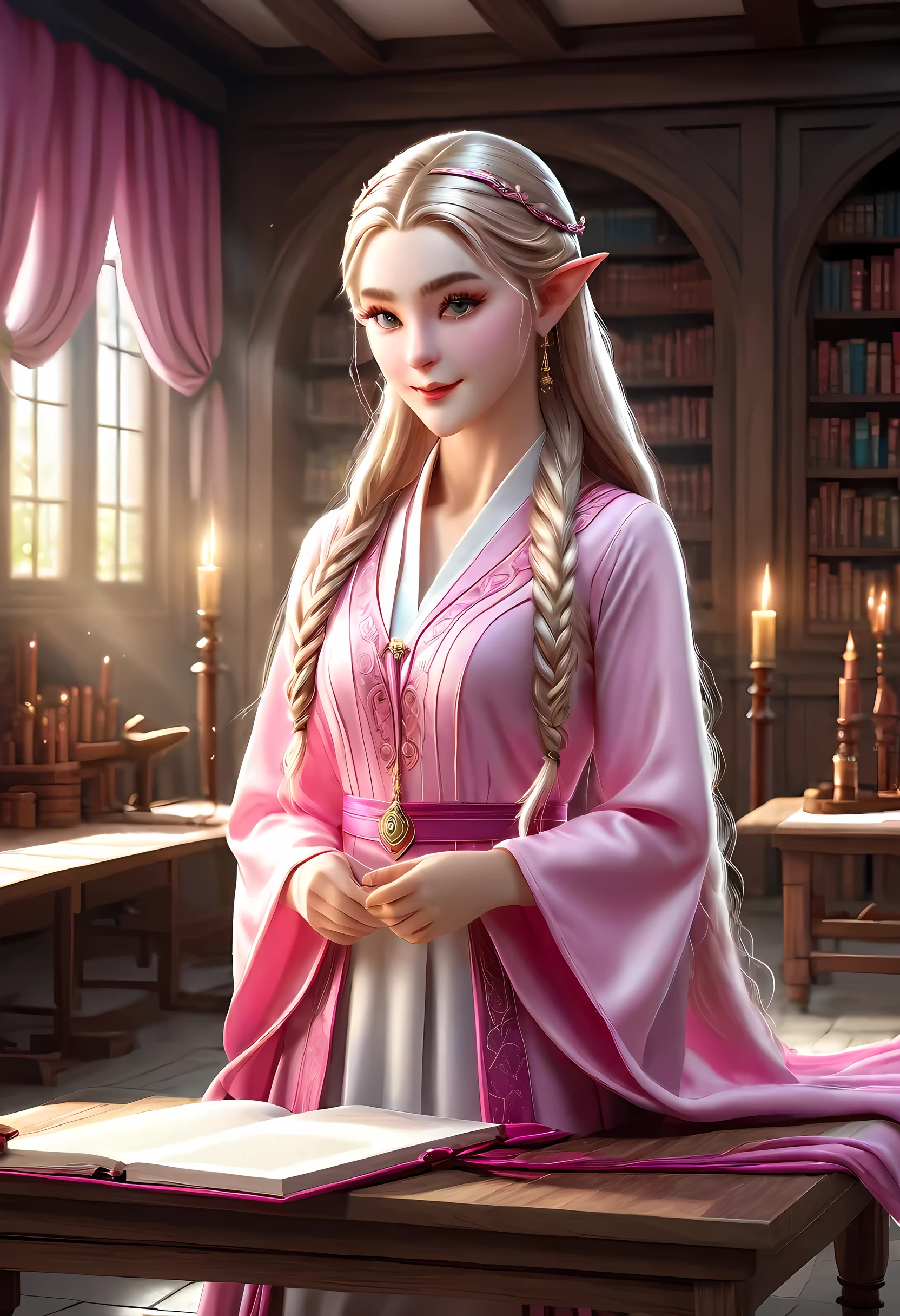 high details, best quality, 16k, [ultra detailed], masterpiece, best quality, (extremely detailed), ultra wide shot, photorealistic, a picture of an elf magical teacher (best details, Masterpiece, best quality: 1.5), teaching magical arts, manipulating magical pink magic runes in the air GlowingRunes_pink (best details, Masterpiece, best quality: 1.5) at fantasy classroom, a female elf, exquisite beauty (best details, Masterpiece, best quality: 1.5), ultra feminine (best details, Masterpiece, best quality: 1.5), full body (best details, Masterpiece, best quality: 1.5) golden hair, hair in a long braid, small pointed ears, dynamic eyes color, wearing a teachers robe, standing in the classroom (best details, Masterpiece, best quality: 1.5), fantasy class background, best realistic, best details, best quality, 16k, [ultra detailed], masterpiece, best quality, (extremely detailed), ultra wide shot, photorealism, room is lit with bright light, depth of field, half-elf ears