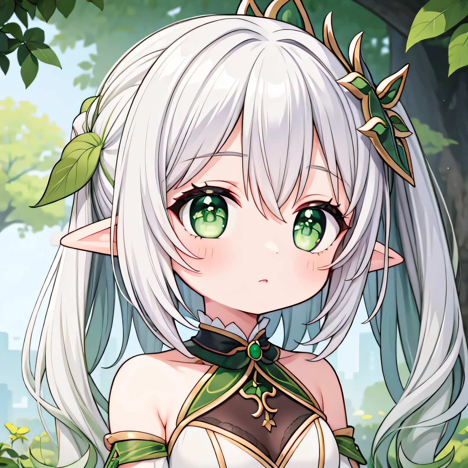 girl, flat breasts, silver hair, green eyes, elf, elf clothes, looking to the camera, chibi