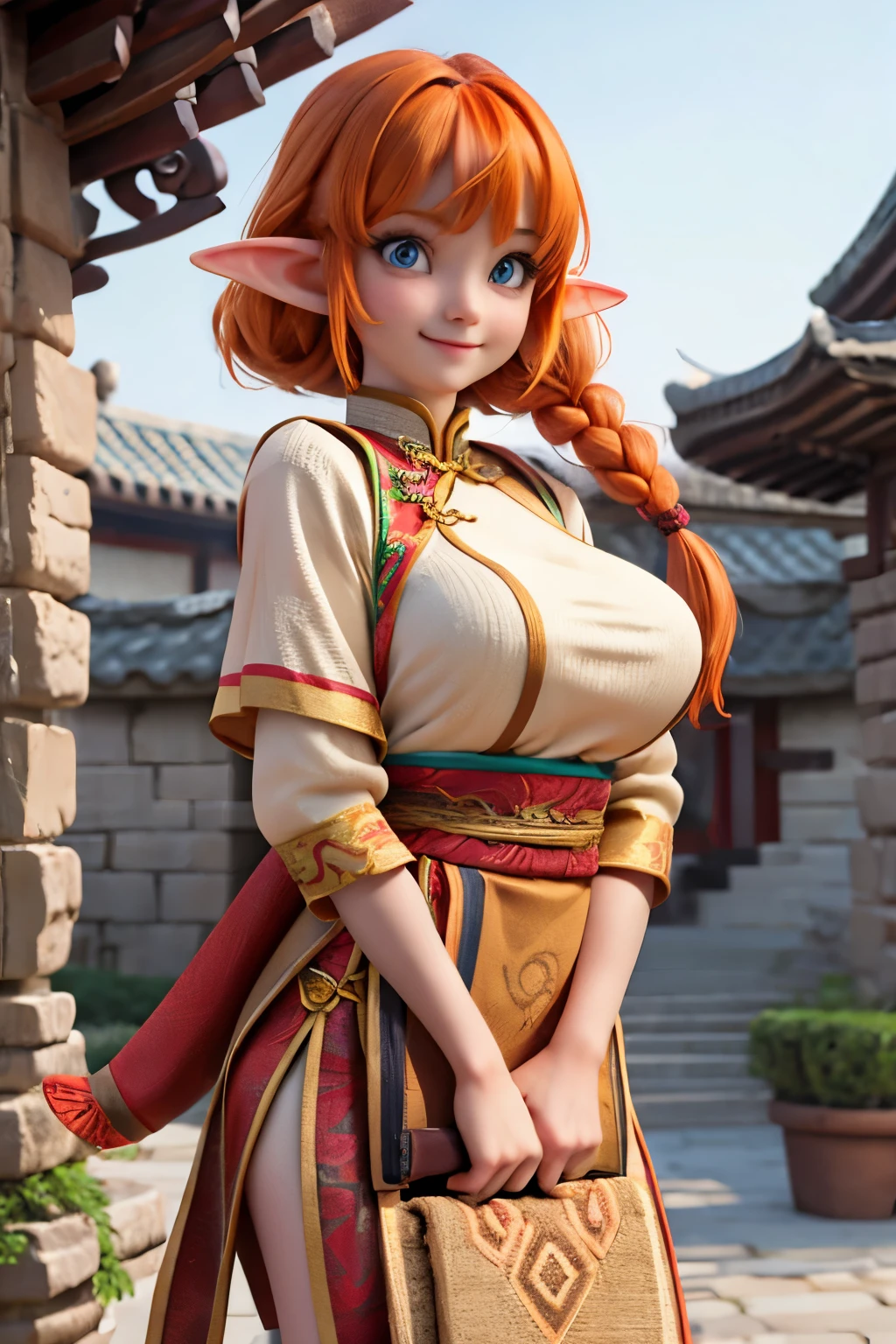 orange hair with bangs, Chinese braid hairstyle, blue eyes, smiling, girl, 4K, cute, elf, Short body,Thin, big breasts,
