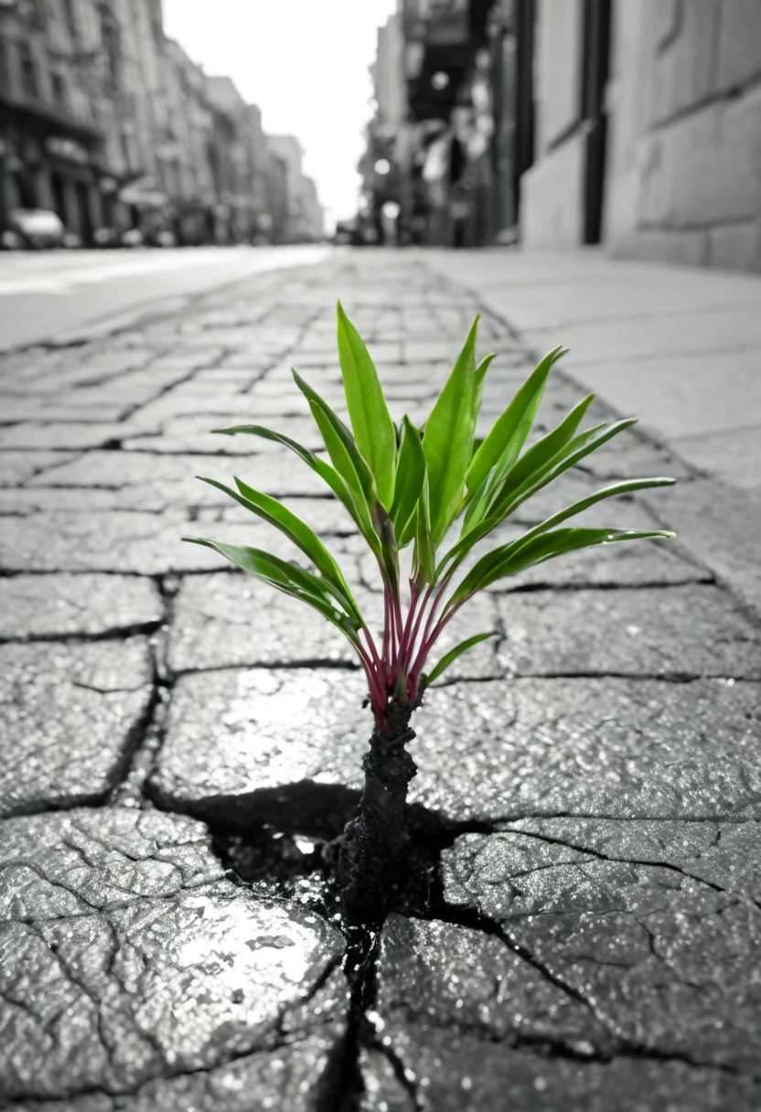 professional photo, ultra definition, 85mm, f/3, detail, close-up, maximum quality, dramatic light, plant coming out of a crack in the sidewalk, in a busy big city, pollution, trash, (background image in black and white, color plant:2, only the plant is colorful:2, vivid colors), bokeh, (masterpiece, best quality, Professional, perfect composition, very aesthetic, absurdres, ultra-detailed, intricate details:1.3)