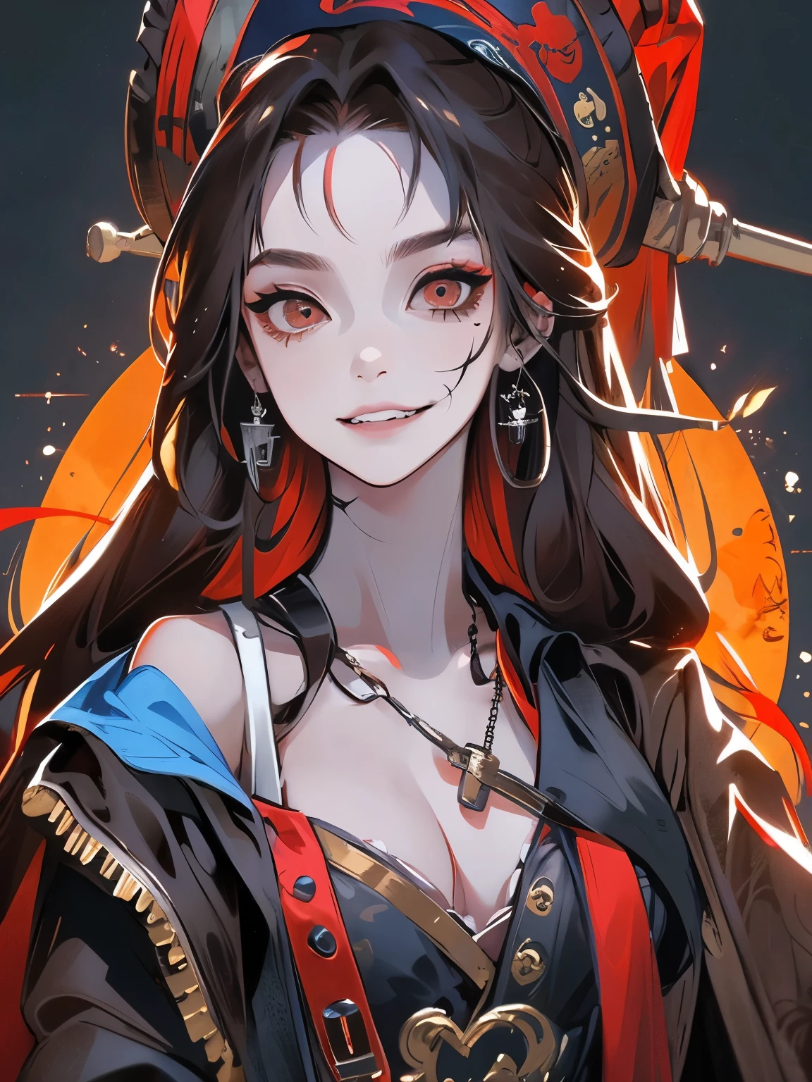 portrait of a villain,female pirate、Jack Sparrow Style、pirate hat,beautiful woman、fully dressed like pirate,eye patch、masterpiece、highest quality、beautiful eyes. bloosd on her face, red eyes, dark creepy pirate background, grin,