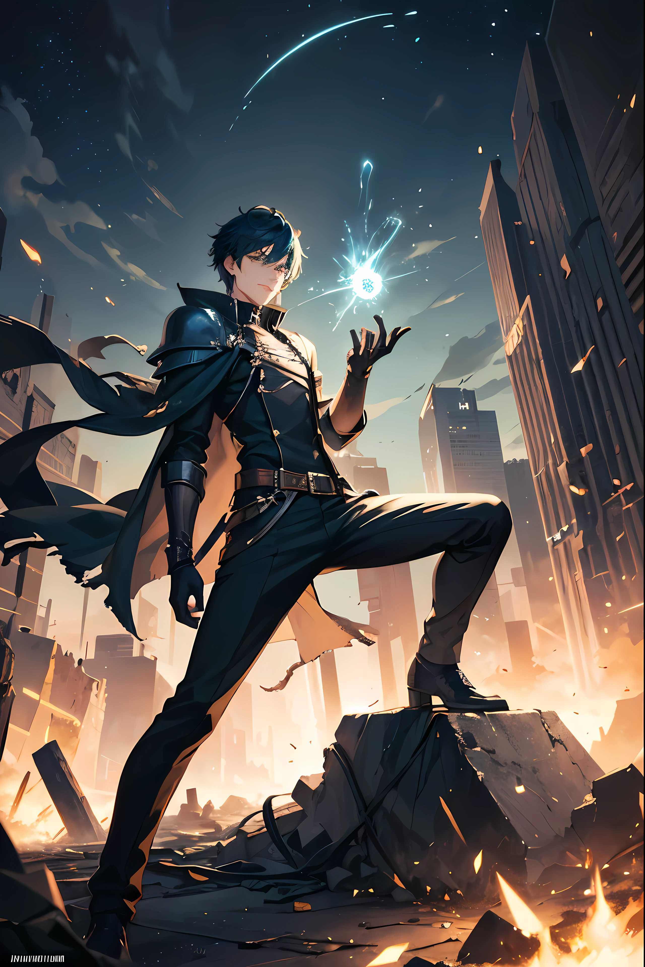 A young man necromancer in his twenties in a cool position holding a green spell in his left hand and a lot of sparks around him; A destroyed city is in the background; Night Sky; Focus on details; Masterpiece; Fullbody; a knight in black armor with cyan fire nearby
