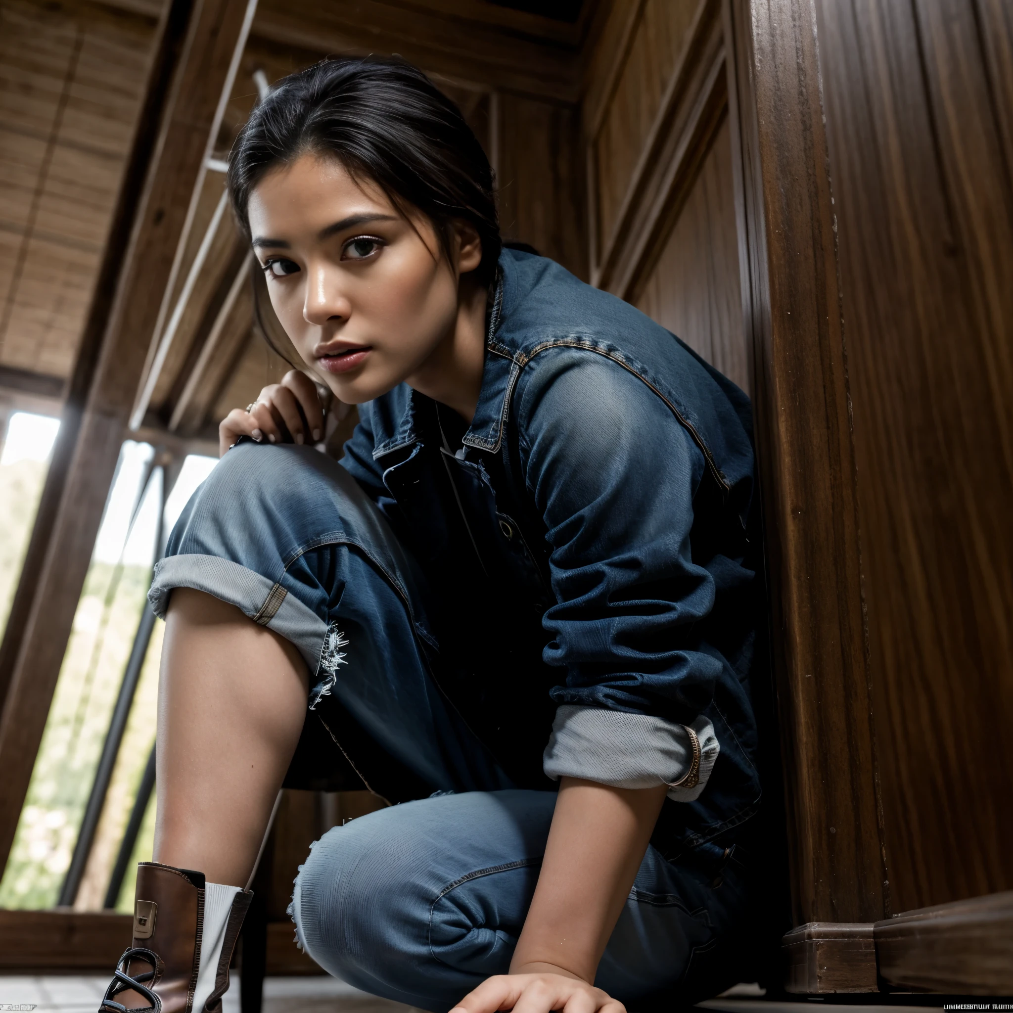mybeauties, [((suspense scene ((CONCEPT ART)), extremely detailed with a Nigerian woman wearing blue jeans, and brown coat and boots)), (better lighting, better shadow, an extremely delicate and scary), (digital photo), ((4k hd)), [(dynamic angle, ((1woman)), white hair, back view, (beautiful face, perfect face, scared) expression of fear, torn clothes, a gun in hand, sitting on the floor, darkness, scary house), [(dark, mysterious, sinister setting, deadly silence), view from bottom]], Masterpiece, high quality, 8k quality, the best photo, (Super detailed, ultra high resolution, detailed background)), (((masterpiece:1.4, Best Quality:1.4, 8K,))), ultra high res, Physically Based Rendering, ((Best Quality)), ((Masterpiece)), (Very Detailed:1.3), 3D, Accurate simulation of light-material interactions, perfect proportions, octane rendering, duotone lighting, low ISO, white balance, rule of thirds, wide aperture, 8K RAW, efficient sub-pixels, subpixel convolution, luminescent particles, light scattering, Tyndall effect, HDR (High Dynamic Range), ray tracing, NVIDIA RTX, super resolution, unreal 5, subsurface scattering, PBR texture, post-processing, anisotropic filtering, depth of field, maximum sharpness and sharpness, multi-layer texture, albedo and highlight maps, surface shading, (Masterpiece:1.4), (high quality:1.2), (best quality:1.2), volumetrics dtx, (film grain, blurry background, depth of field, motion blur