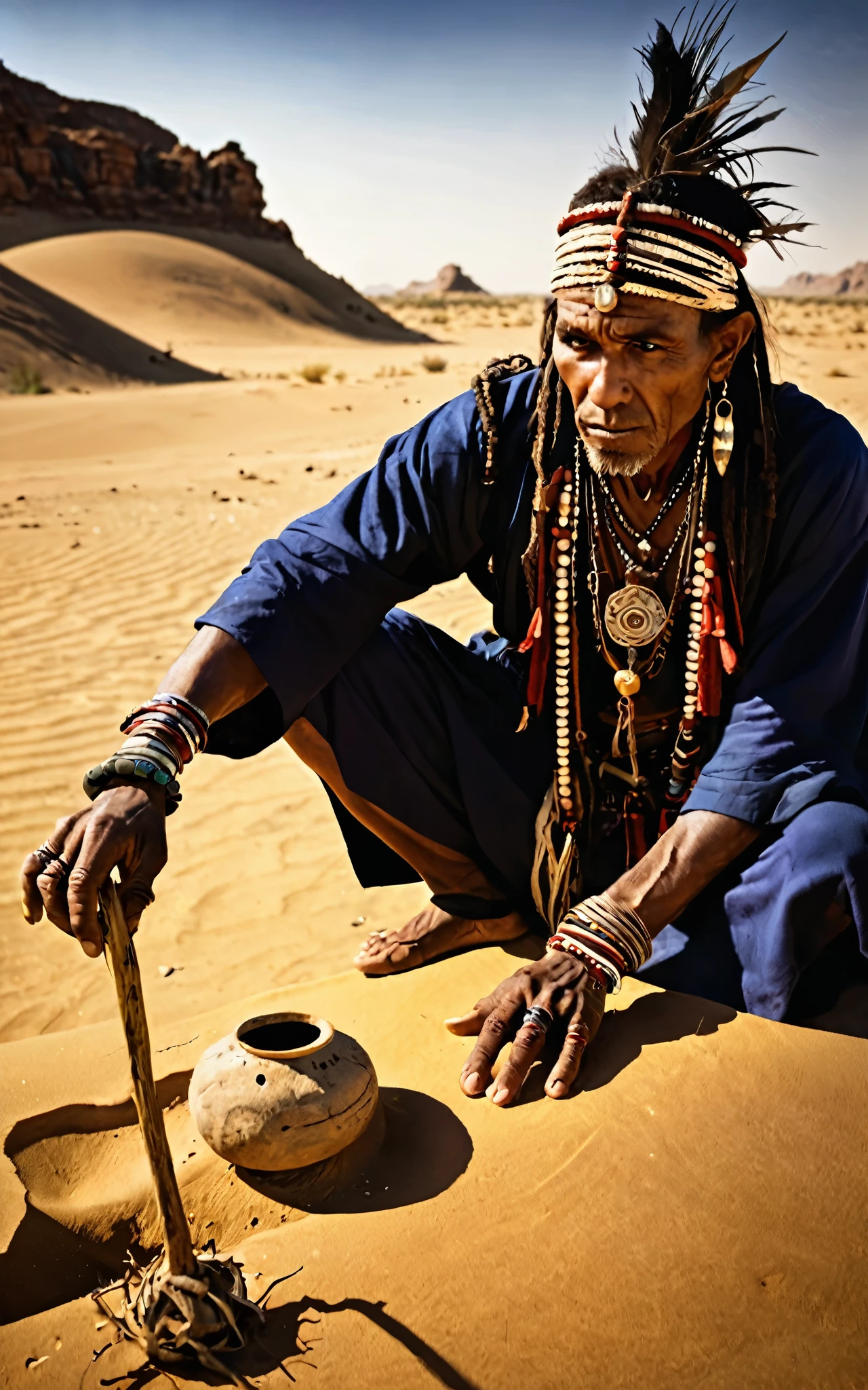A sorcerer leaning towards the viewer,Lens Photo,Landscape,Tribal,desert,Voodoo rituals,Ultra HD details