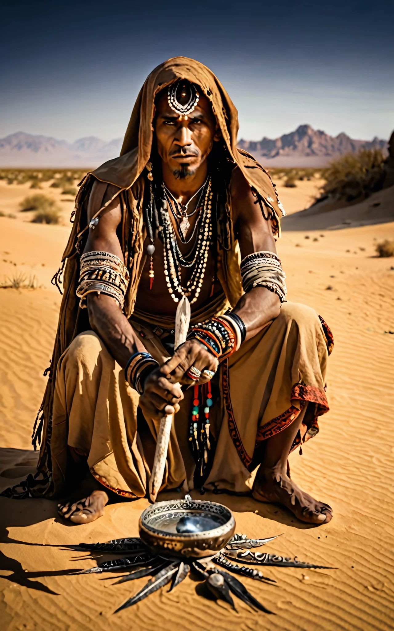 A sorcerer leaning towards the viewer,Lens Photo,Landscape,Tribal,desert,Voodoo rituals,Ultra HD details