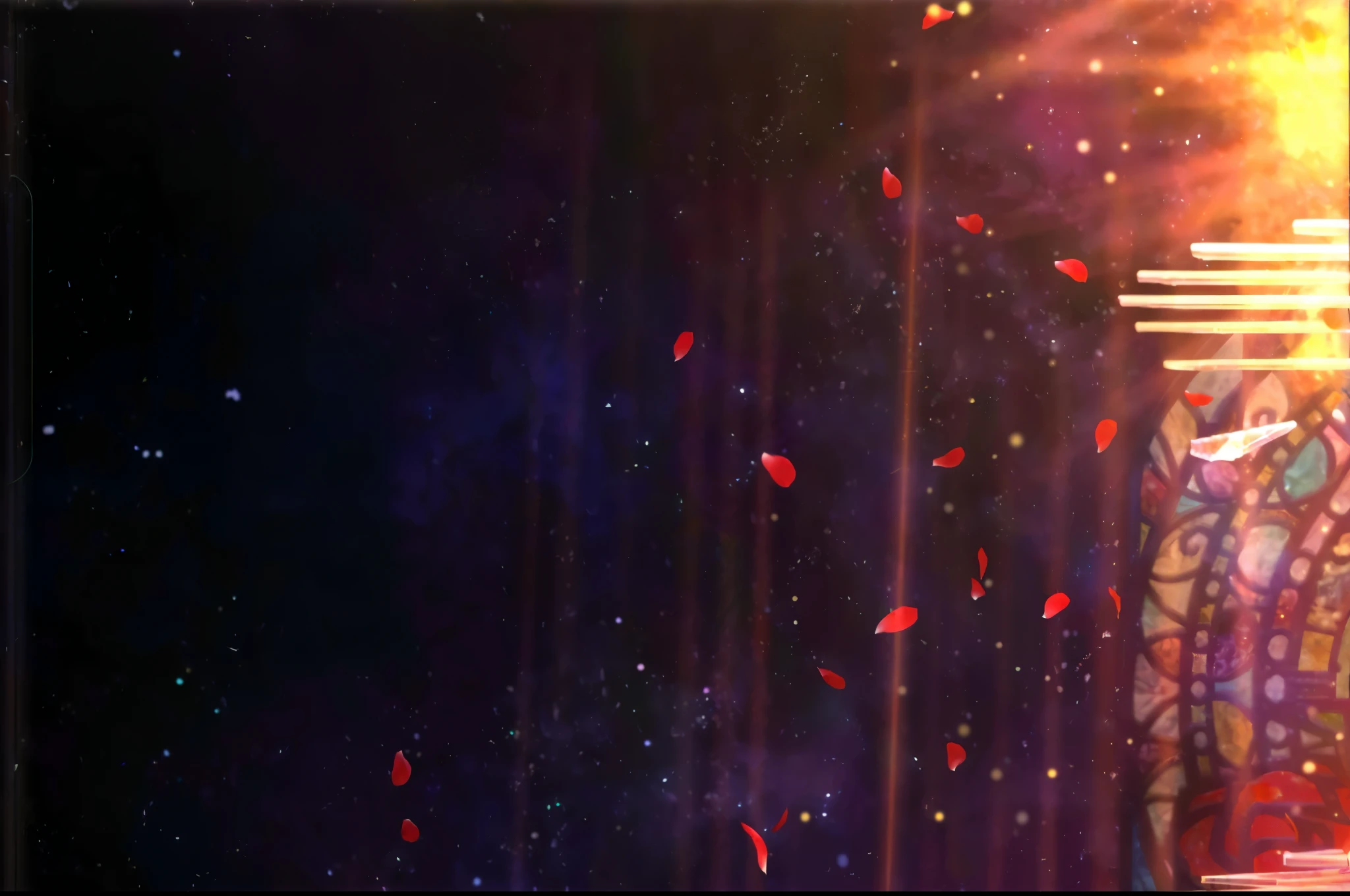 A painting,The painting shows the stairs leading to the stained glass window,sunny, Glowing stained glass background, Animation New Art Universe Display, Fantasy psychedelic anime, Melancholy Rose Soft Light, holy fire spell art, background artwork, Propaganda Art, Heavenly red flower atmosphere, Towards sun rays and caustics, backlit stained glass, Colorful anime movie background, evil atmosphere