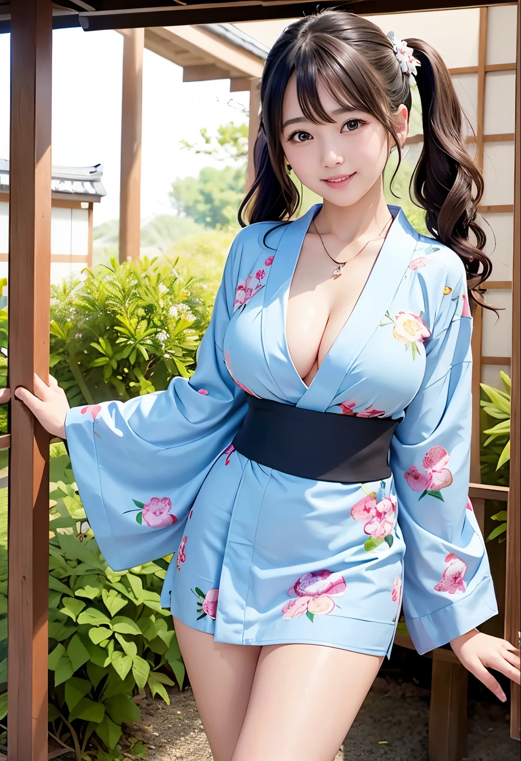 (highest quality,masterpiece:1.3,Ultra-high resolution),(Very detailed、Caustics) (Realistic:1.4, RAW shooting、)Ultra-Realistic Capture、Very detailed、Natural skin texture、masterpiece、(A Japanese girl wearing a yukata with a floral pattern:1.3)、Underwear sticks out、Adorable expression、Expressions of Happiness、、Young Face、Agly cute、Twin tails、Curly Hair、Black Hair、Scrunchie、light makeup、necklace、Busty and bursting、Shining Breasts、Shining thighs、Summer evening、Photographed in the garden of an old Japanese house、smile、An inviting gaze、Cowboy Shot、Anatomically correct、Attention to detail、Standing posture、