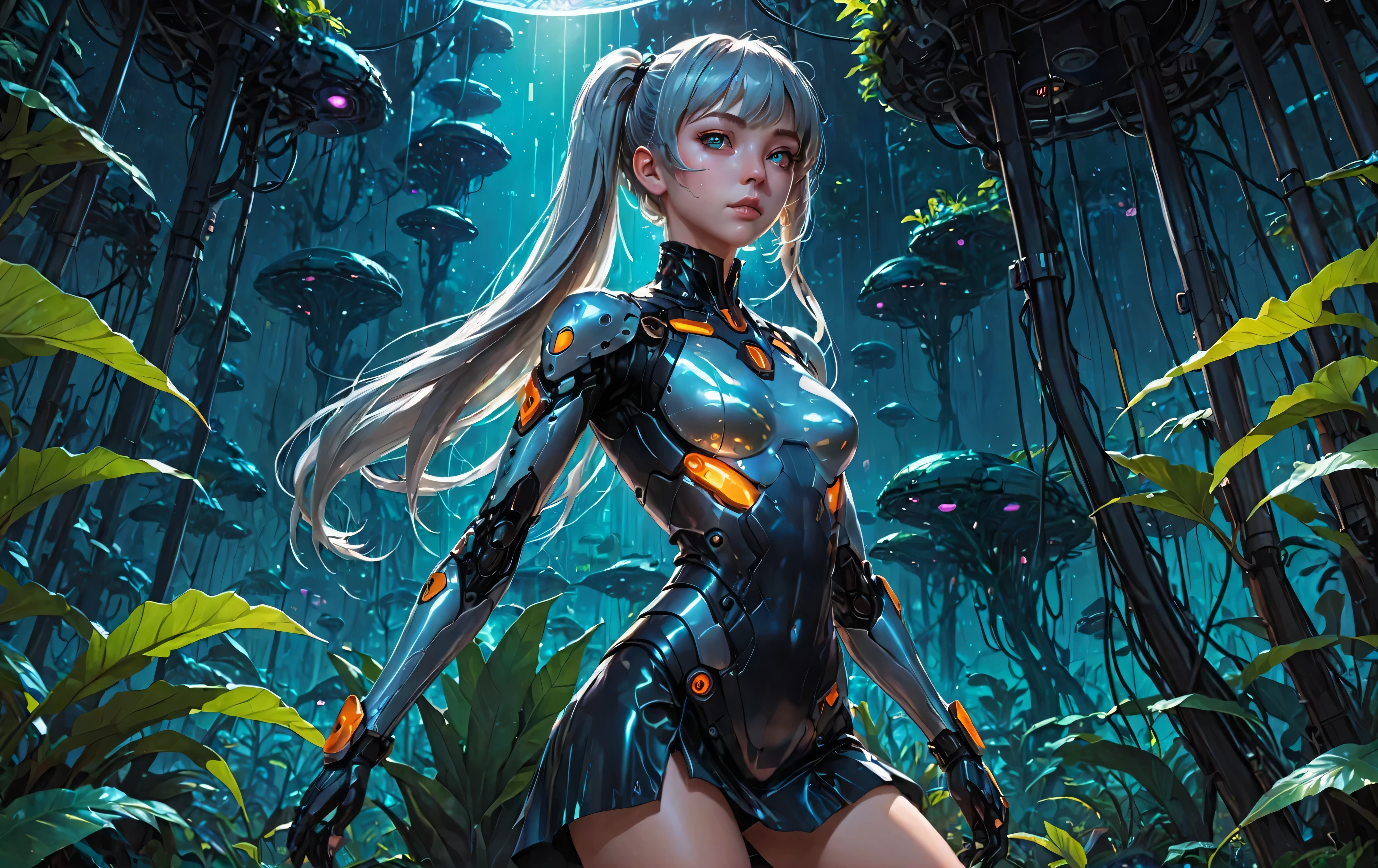 anime style, 1girl, blunt bangs, high ponytail, silver hair, pointy ears, in the depths of a bioluminescent alien jungle, [evangelion:cyberpunk edgerunners:0.5], reflective transparent iridescent opaque clothing, long sleeves, flowing dress, long skirt, very aesthetic, highres, 4k, 8k, intricate detail, cinematic lighting, amazing quality, amazing shading, detailed Illustration, official artwork, wallpaper, official art, extremely detailed eyes and face, beautiful detailed eyes, from below, full body, thigh gap, 