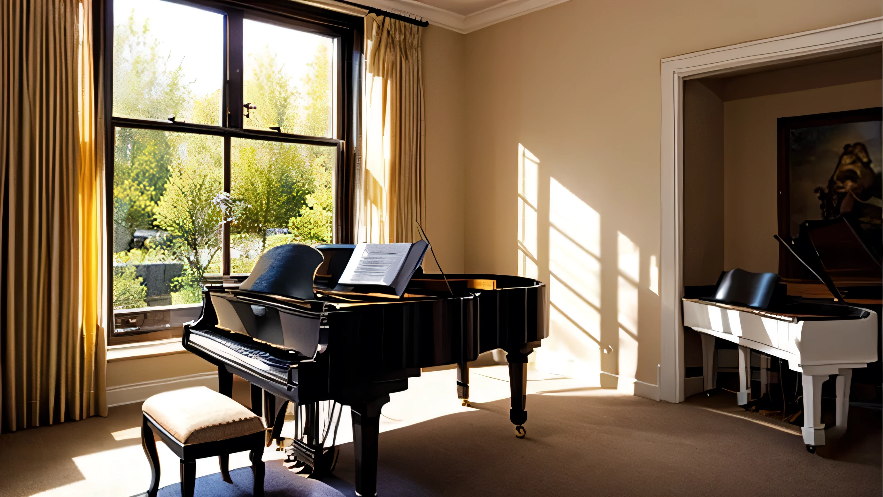 Stylish room with a piano、Decorated with flowers、Light shining through the window、The piano is shown in a large size.