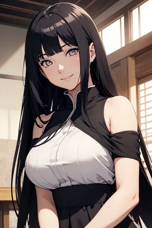 light effect, soft, super clear, high-definition picture, (front), masterpiece, cinematic lighting, Hinata Uzumaki, white eyes, black long hair, 1girl, solo, looking at viewer, smile, large breast, open shoulder, black short dress