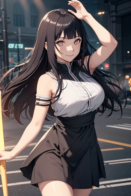 light effect, soft, super clear, high-definition picture, (front), masterpiece, cinematic lighting, Hinata Uzumaki, white eyes, black long hair, 1girl, solo, looking at viewer, smile, large breast, open shoulder, black short dress