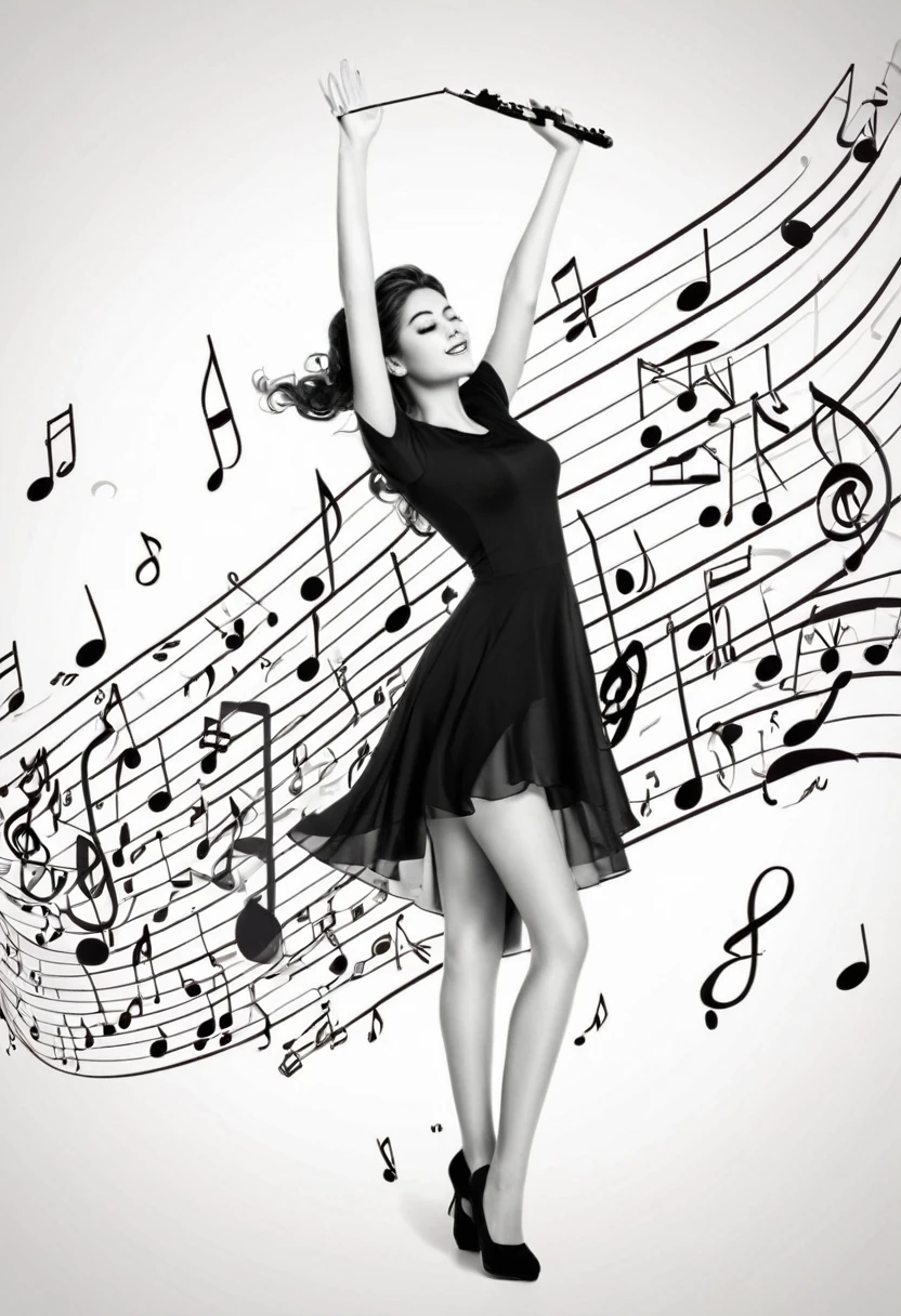 she's lost in the music, (three-colour style), red, black and white, musical notes, total euphoria, (masterpiece, best quality, Professional, perfect composition, very aesthetic, absurdres, ultra-detailed, intricate details:1.3)