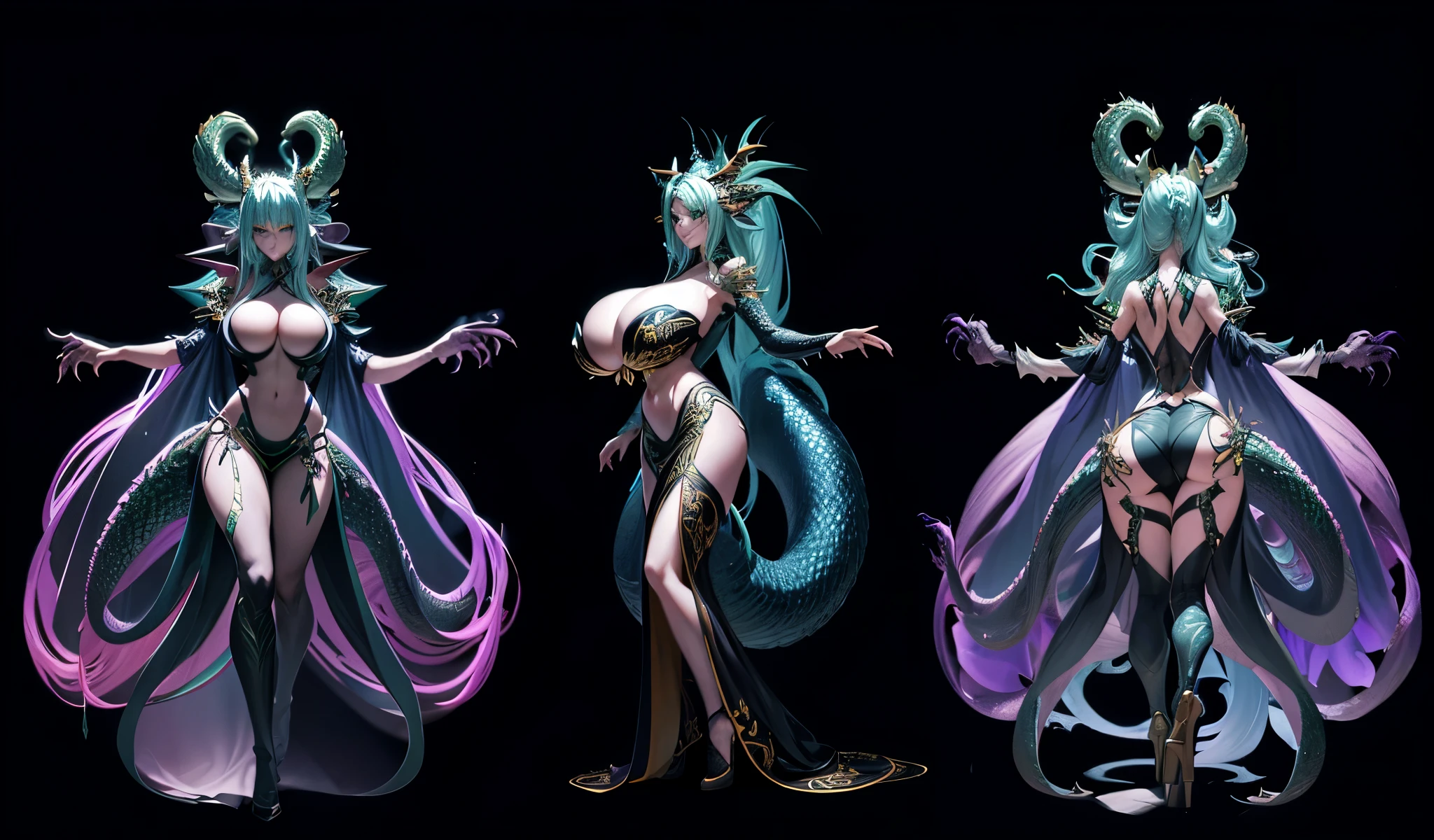 Fantasy digital painting of Tiamat woman, shaped as a dragon-woman hybrid of exaggerated proportions juxtaposed against her slender waist, her bizarre black dragonly form, majestically posed in an 'T-stance', front side and back view, claw, Her DDD size Bra consists of claws holding her breasts, her measures are 190-60-90, full-length representation, sensuous curves, daunting presence, backlit by gloom, 600dpi, ultra detailed, cinematic lighting, high fantasy genre, dark scales shimmering, detailed claws, dramatic lighting, ultra-fine details, captivating allure, octane rendering. model sheet, character turnaround